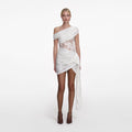 White Rhinestone Lace Tie Side Mini Dress