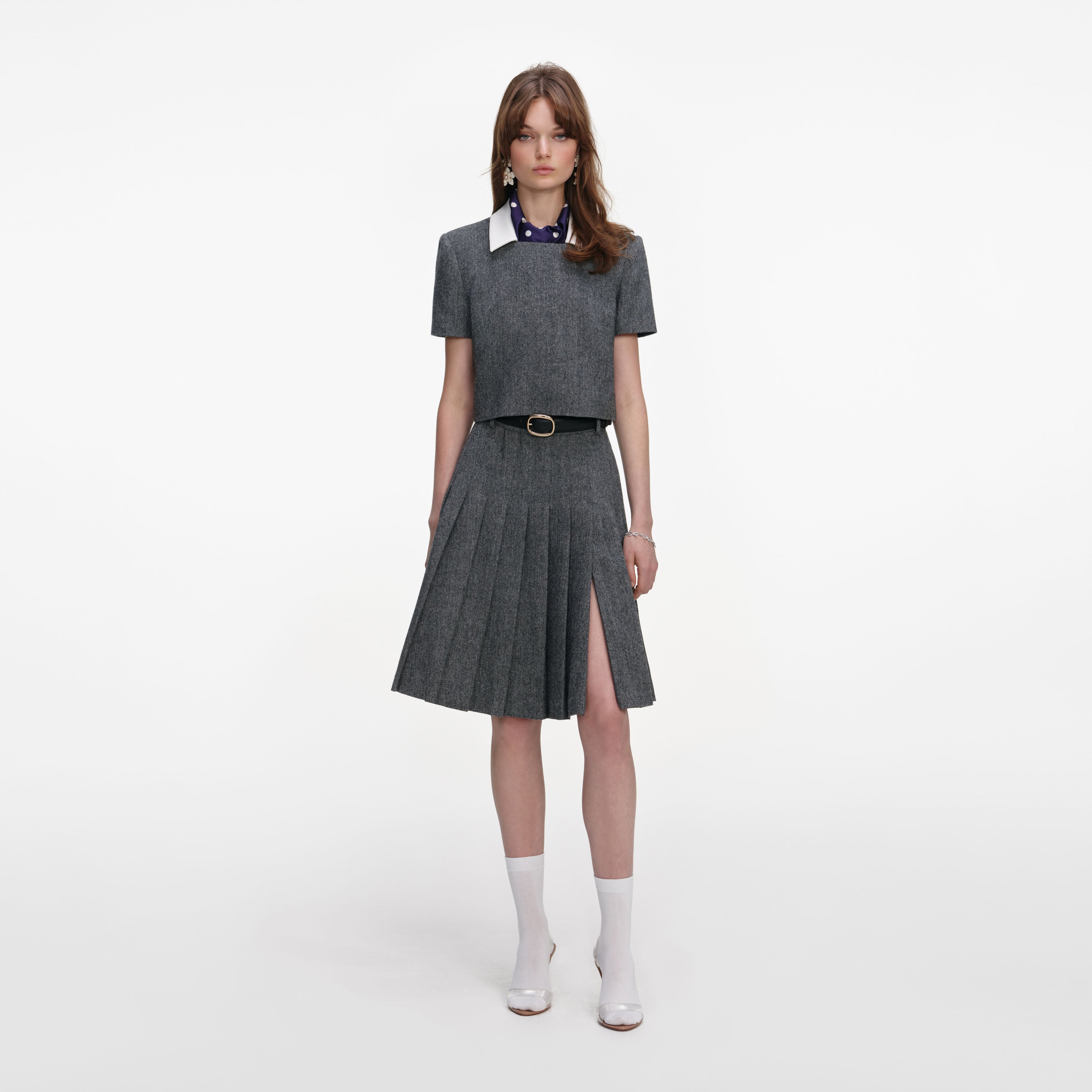 Grey Herringbone Scarf Detail Top