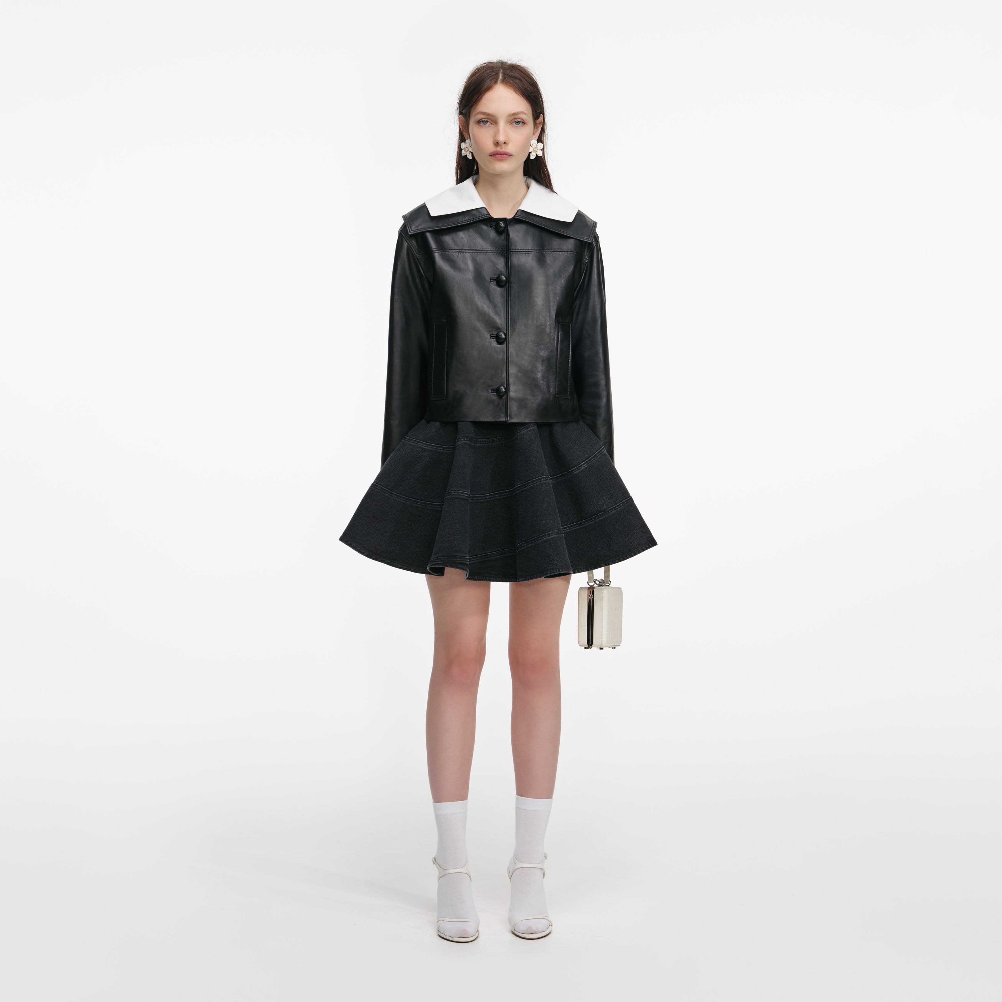 Black Leather Contrast Collar Jacket