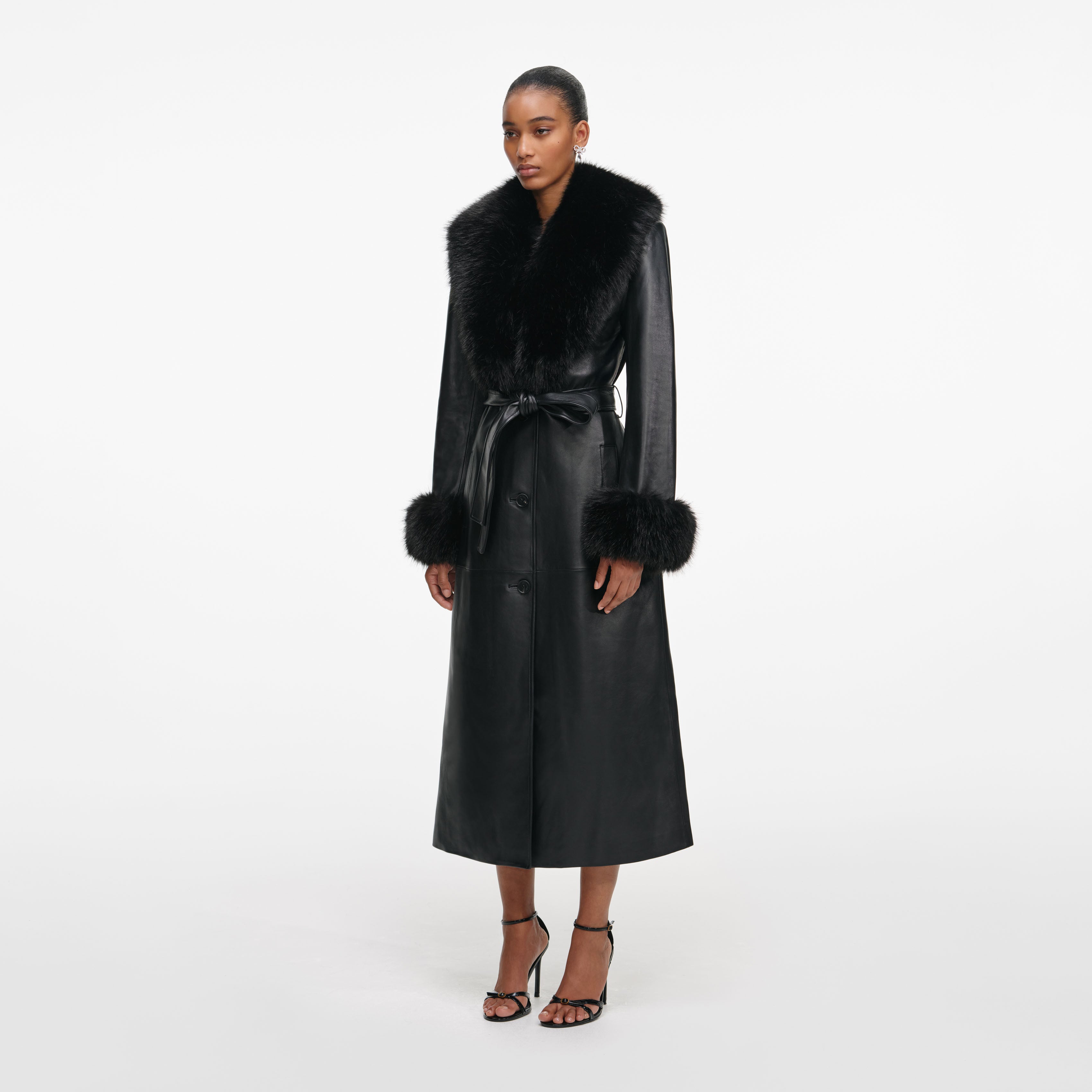 Black Leather Faux Fur Collared Coat