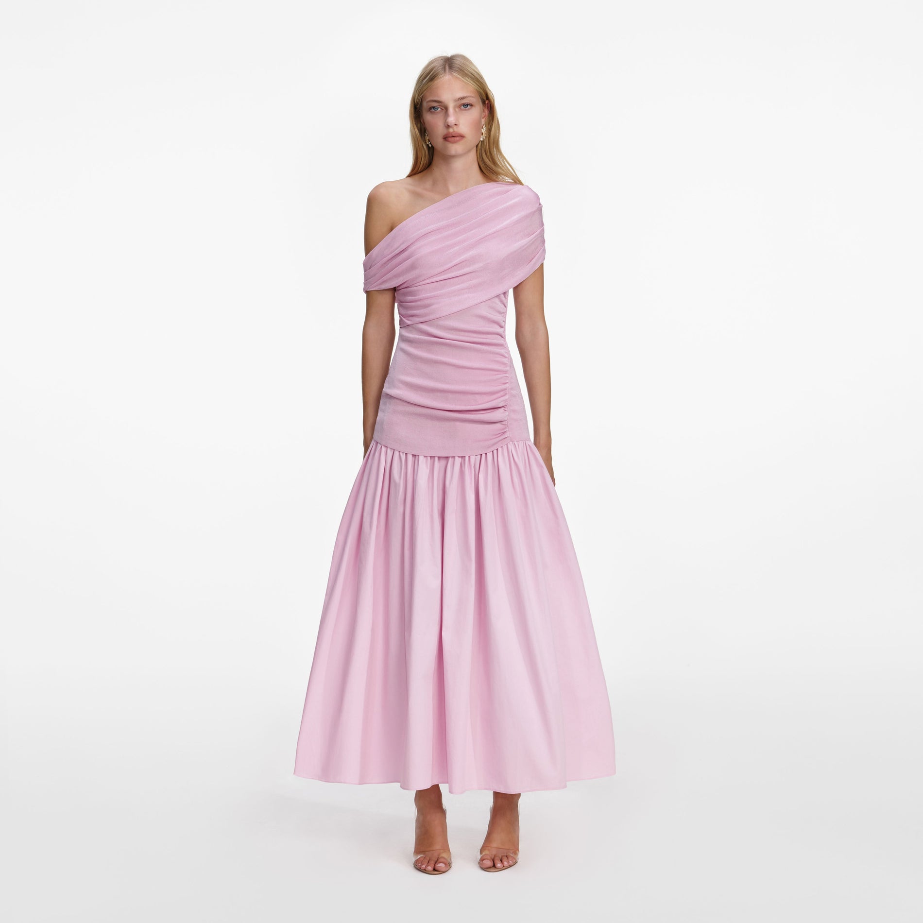 Front view of a woman wearing the Pink Cotton Draped Knit Midi Dress