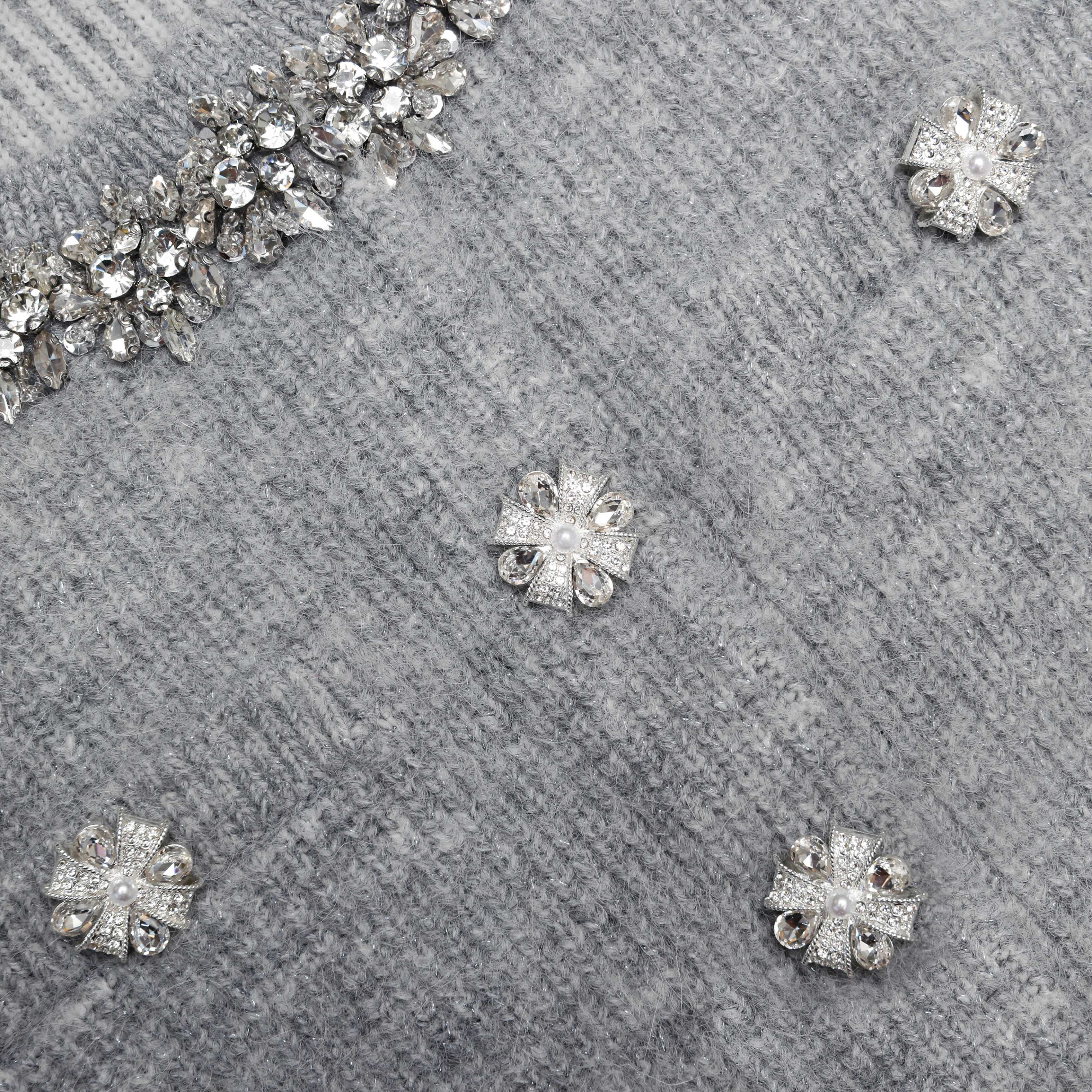 Grey Fluffy Crystal Trim Cardigan