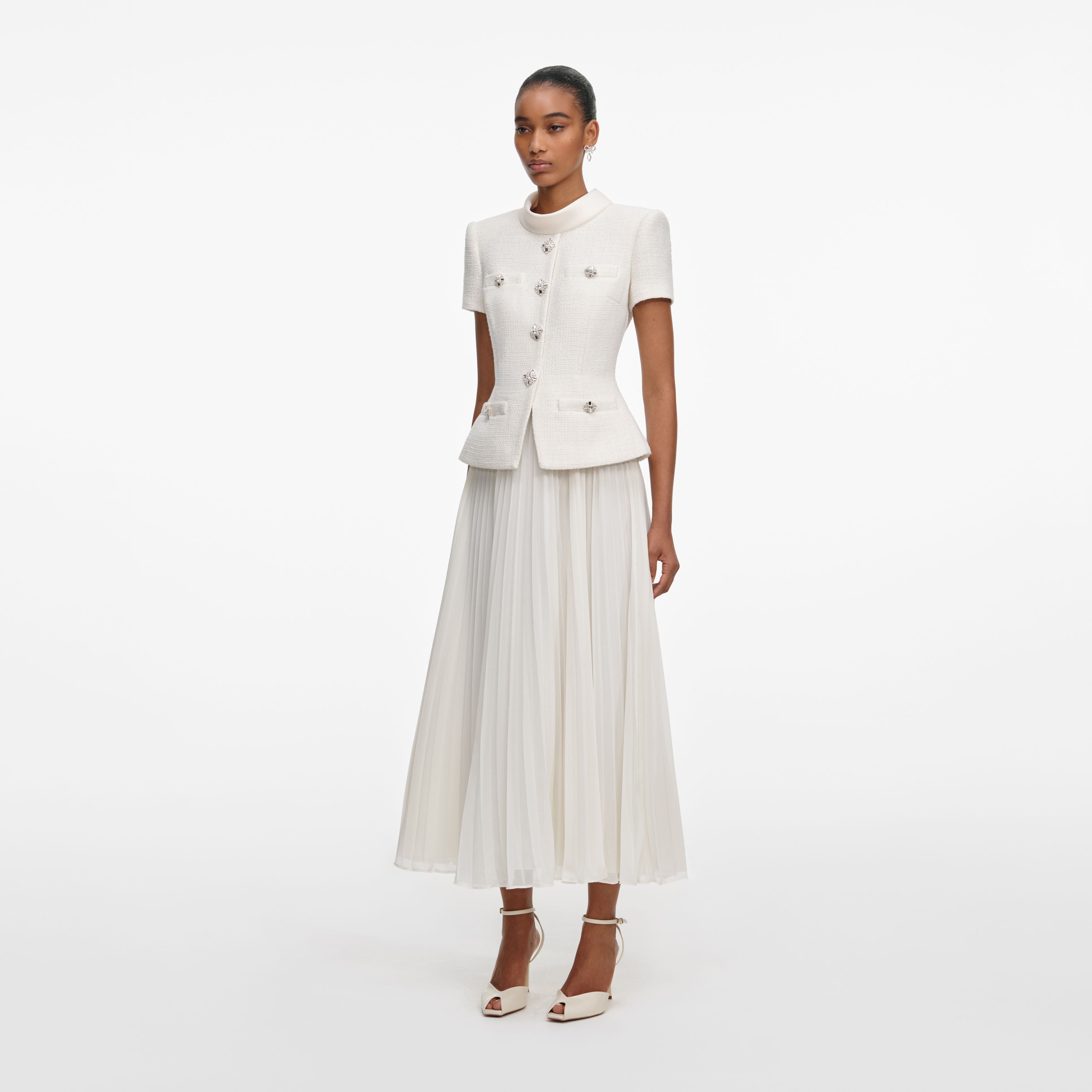 Cream Boucle Collared Midi Dress