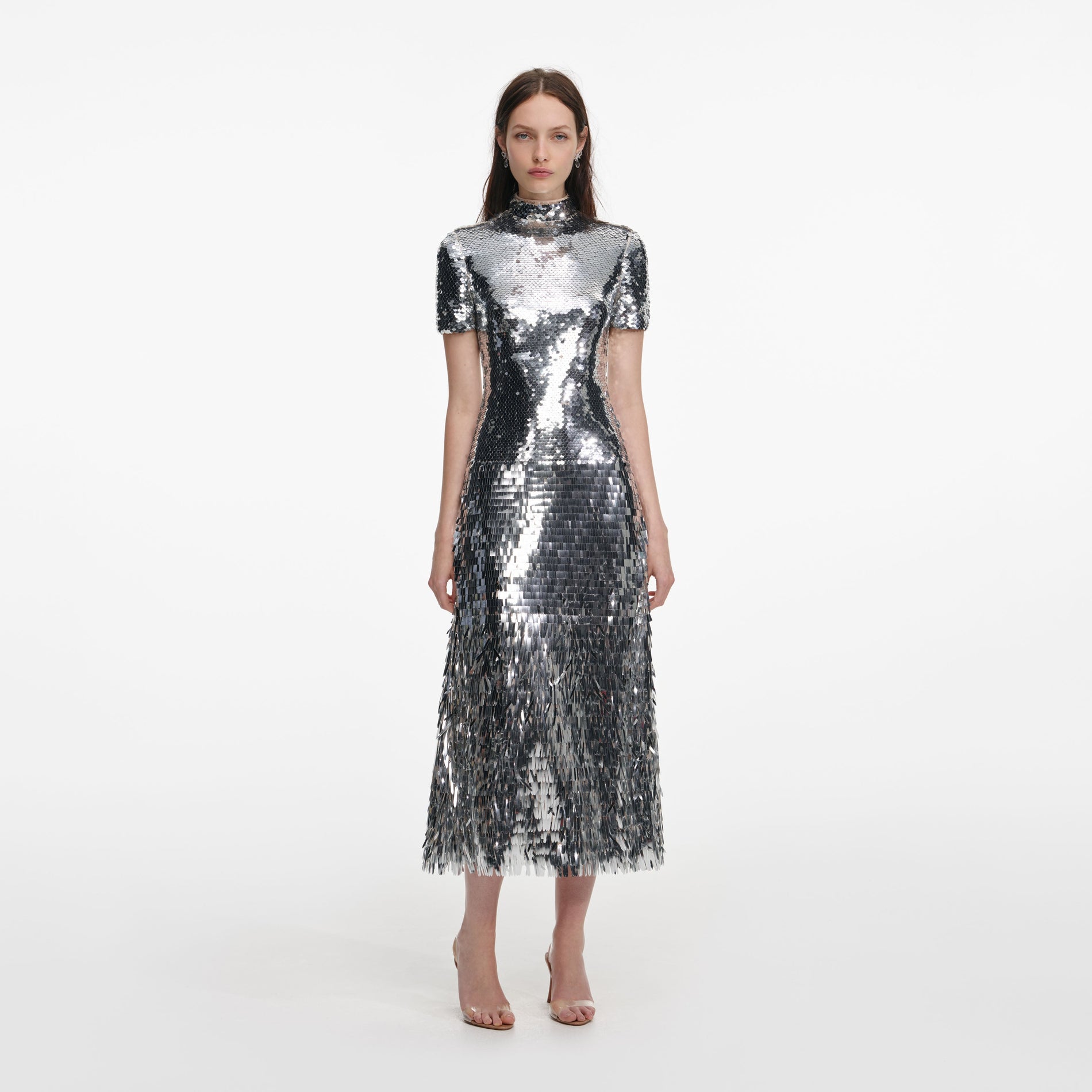 Front view of a woman wearing the Silver Gradient Sequin Midi Dress
