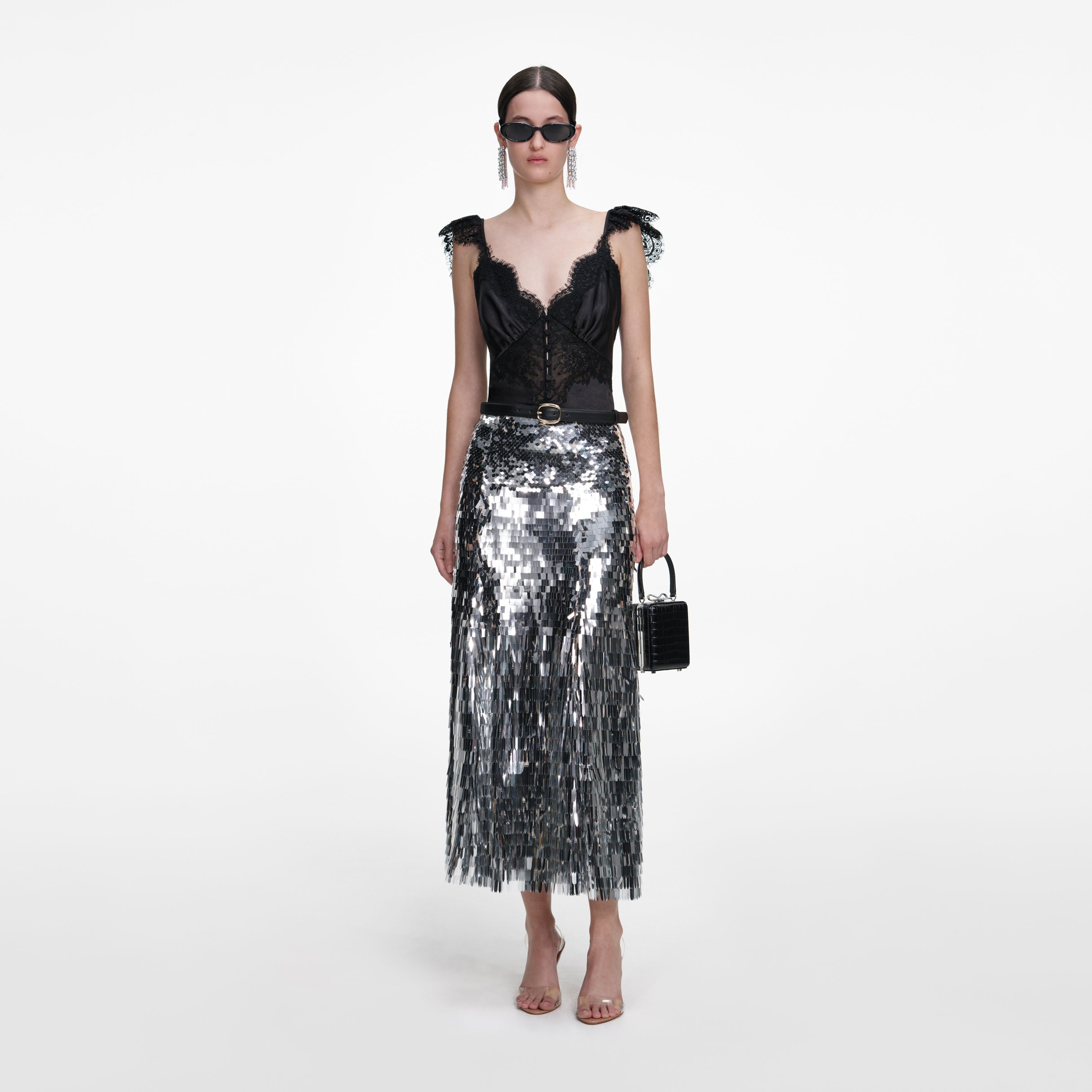 Silver Gradient Sequin Midi Skirt