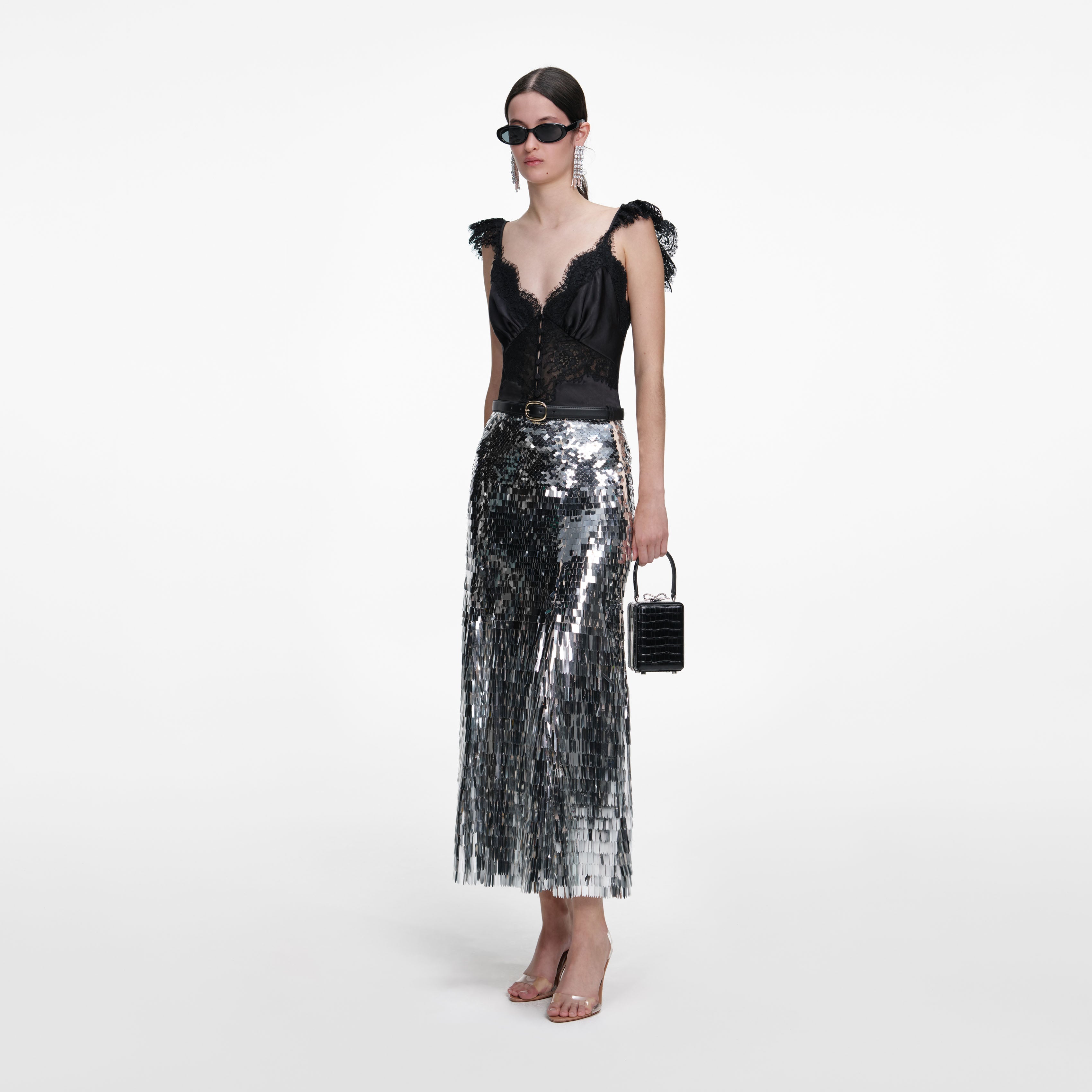 Silver Gradient Sequin Midi Skirt
