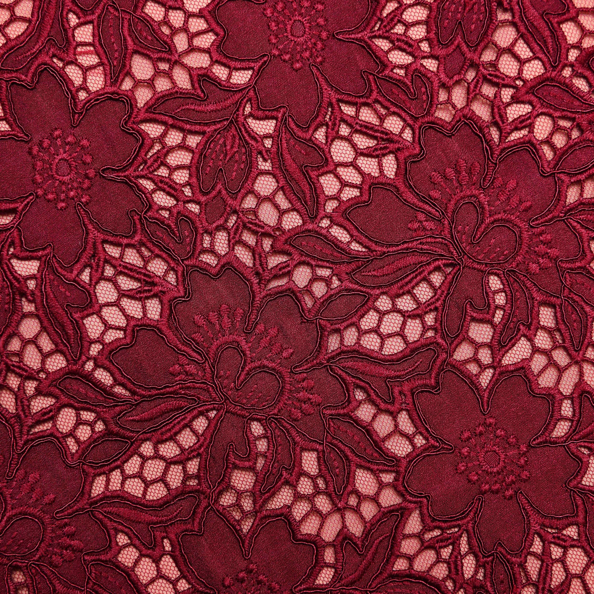 A close up of the fabric for the Burgundy Guipure Lace Midi Skirt