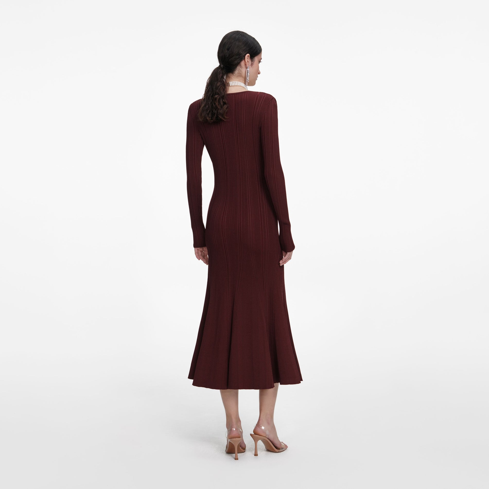 Back view of a woman wearing the Brown Contrast Lace Knit Midi Dress