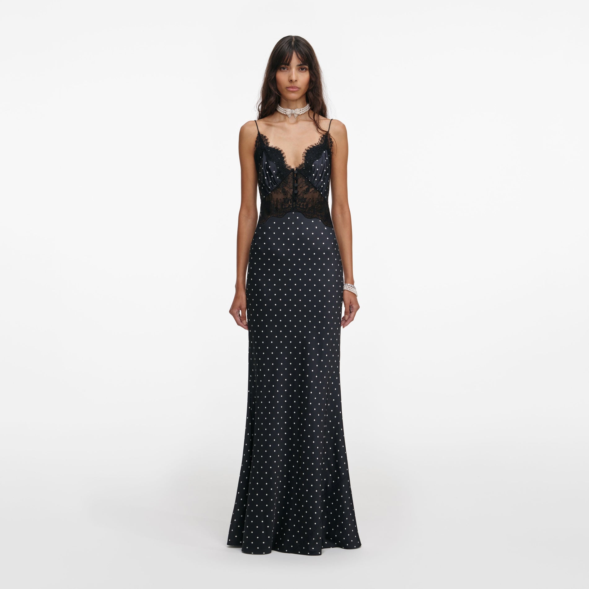 Front view of a woman wearing the Polka Dot Satin Lace Maxi Dress