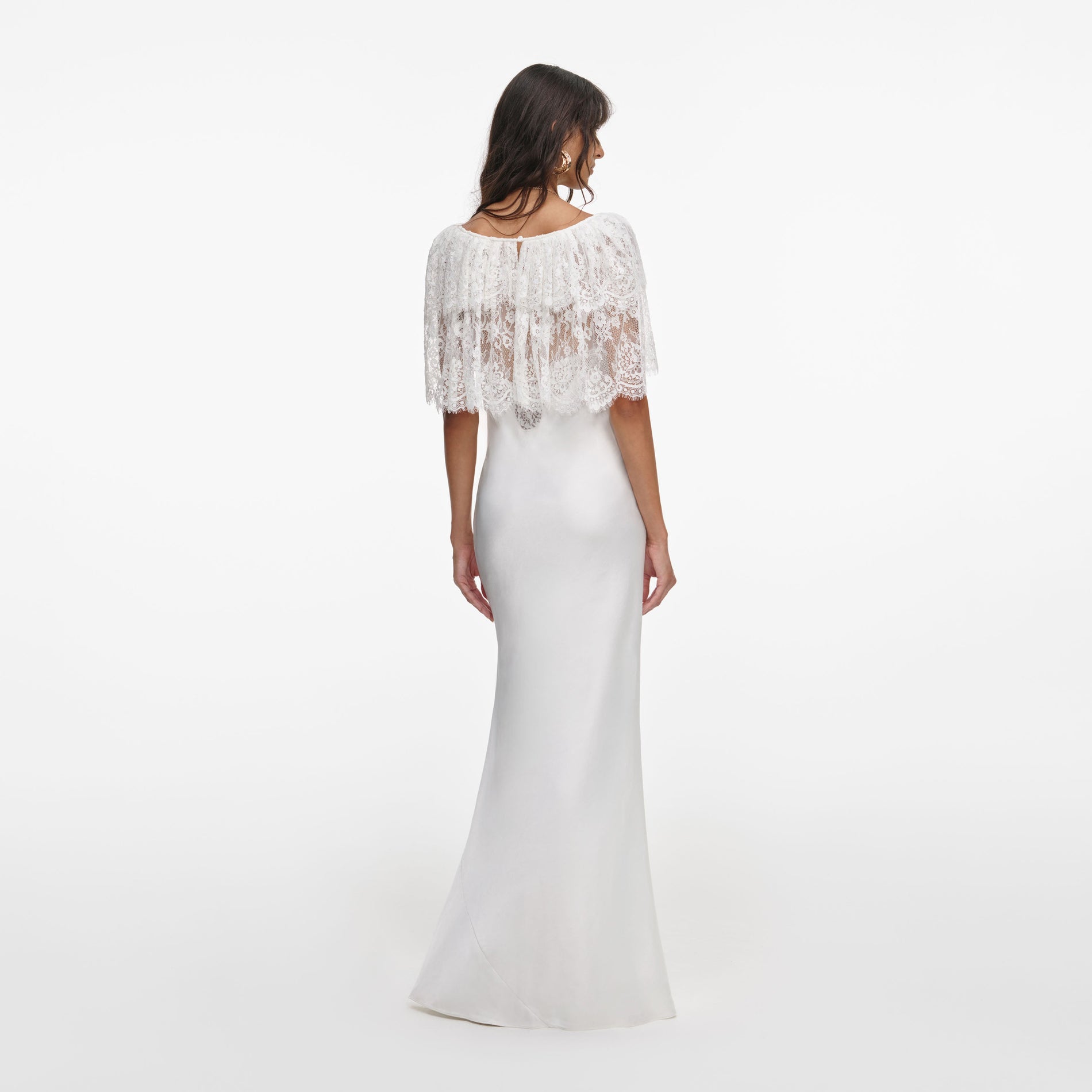 Back view of a woman wearing the White Fine Lace Satin Maxi Dress