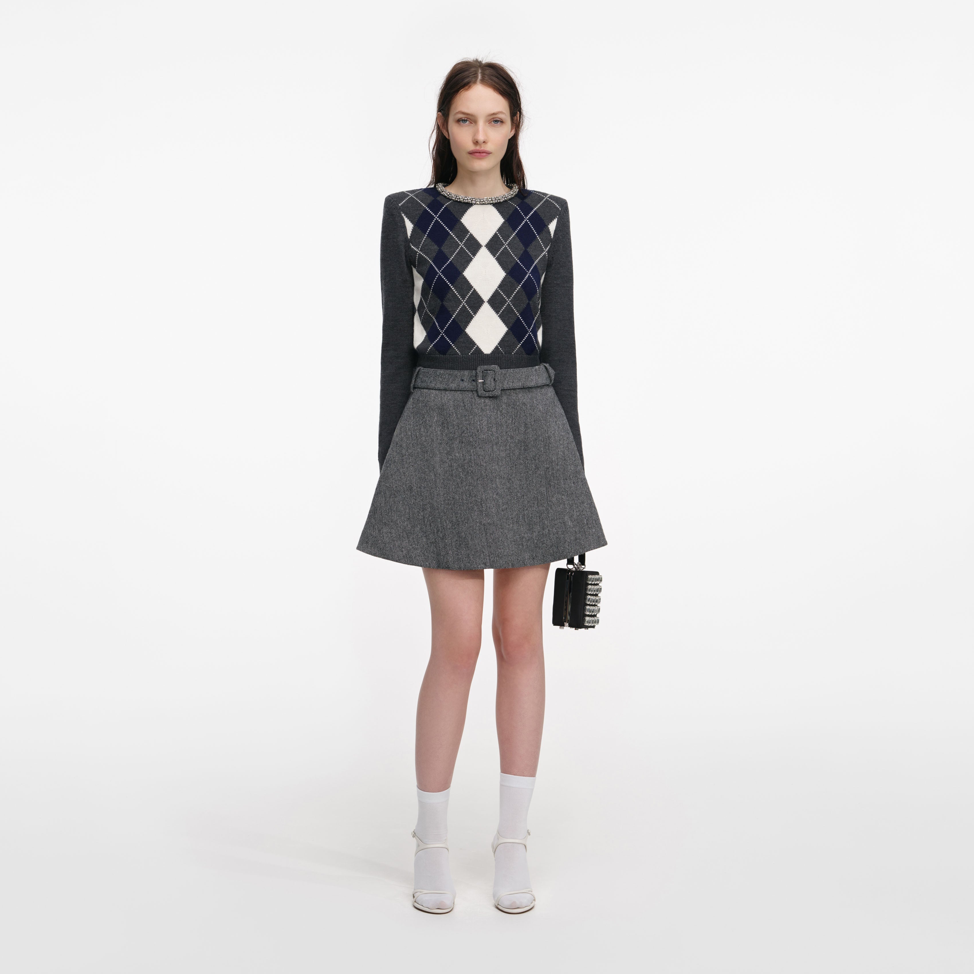 Grey Argyle Crystal Trim Jumper