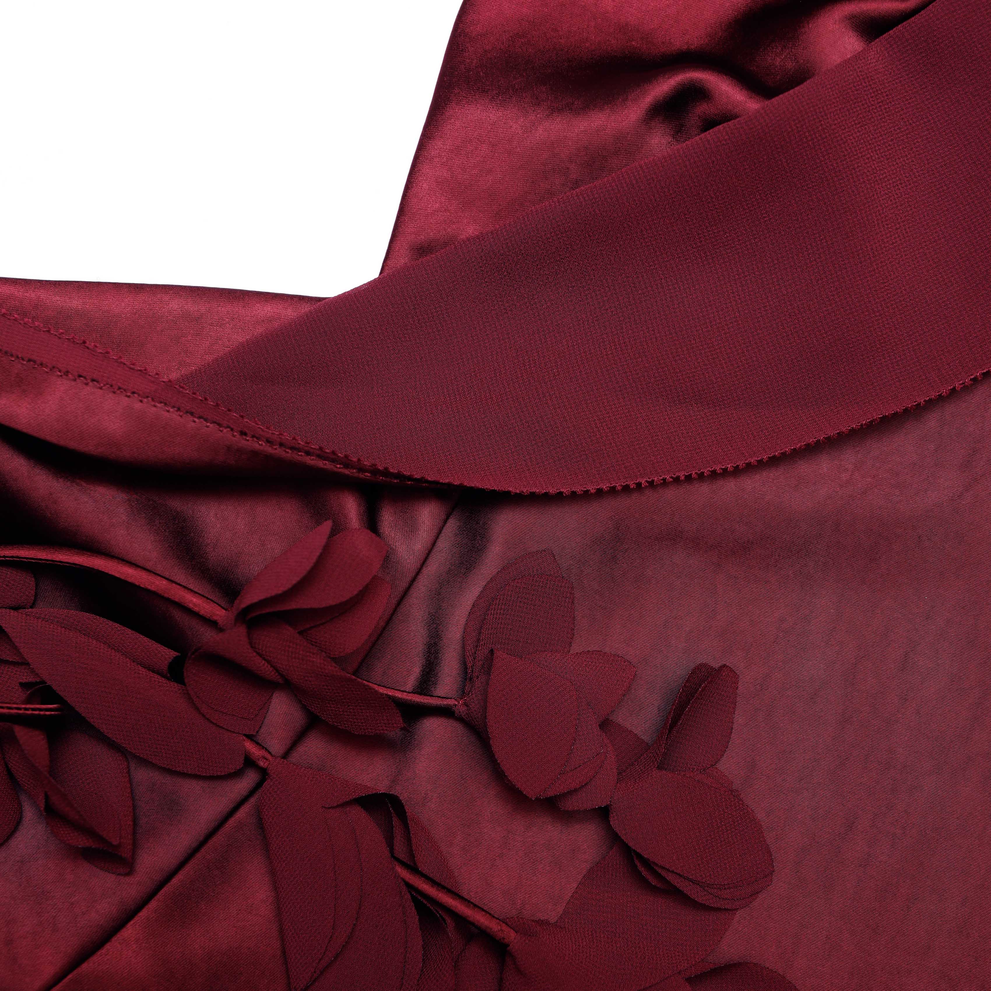 Burgundy Satin Flower Midi Dress