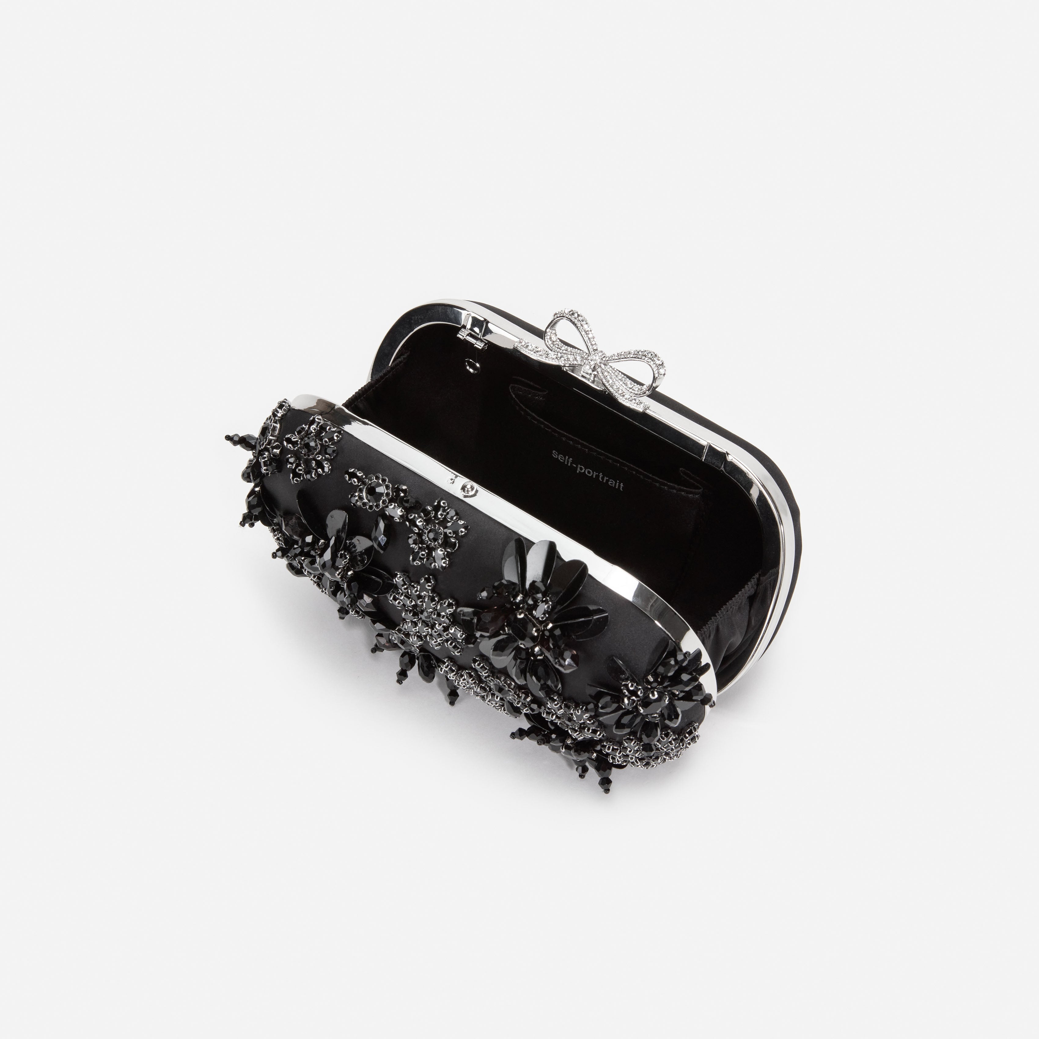 Black Satin Floral Crystal Clutch Bag
