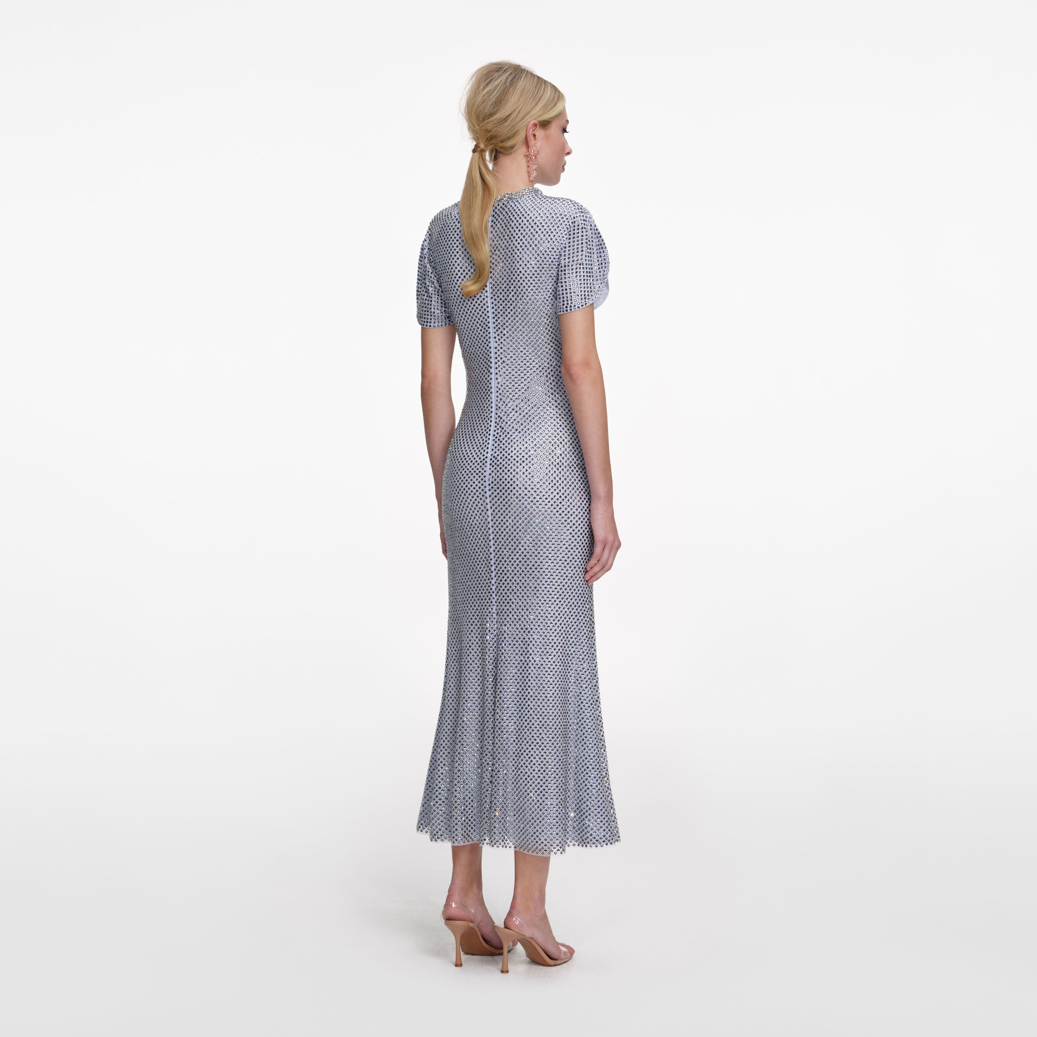 Blue Rhinestone Mesh Midi Dress