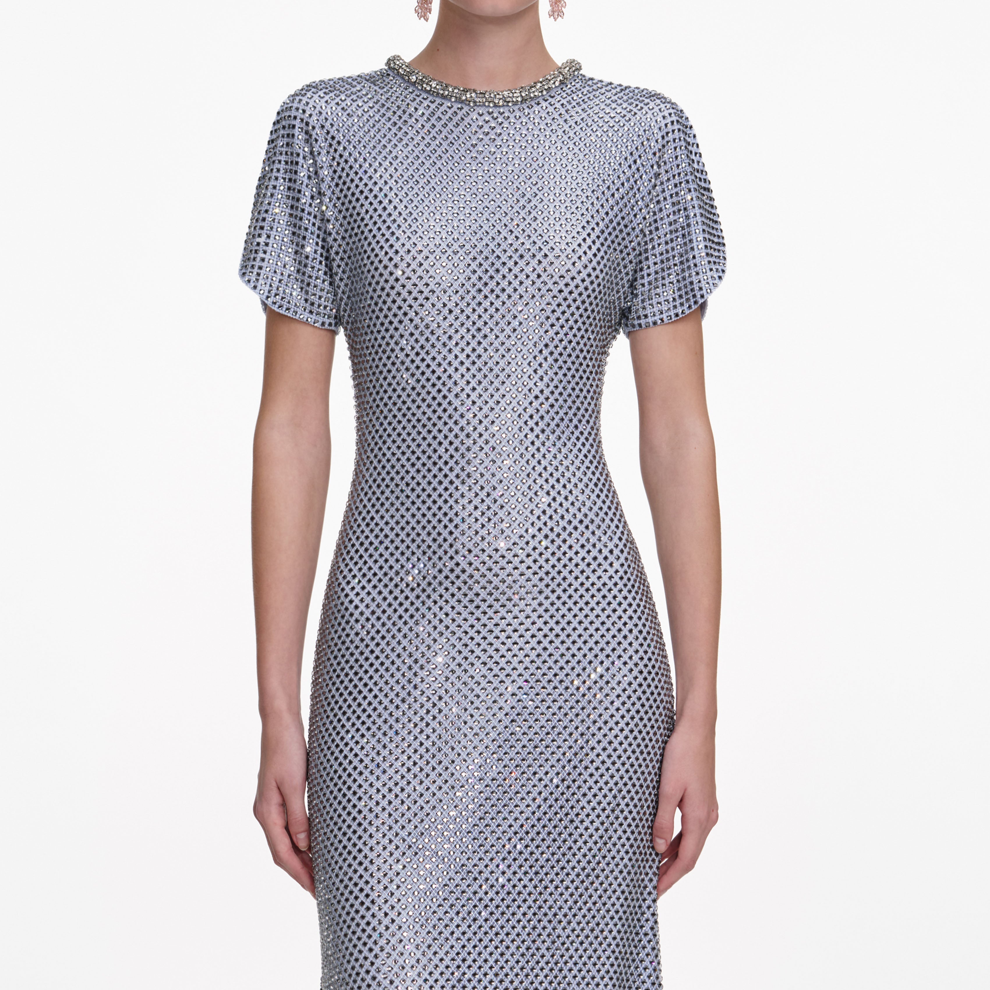 Blue Rhinestone Mesh Midi Dress