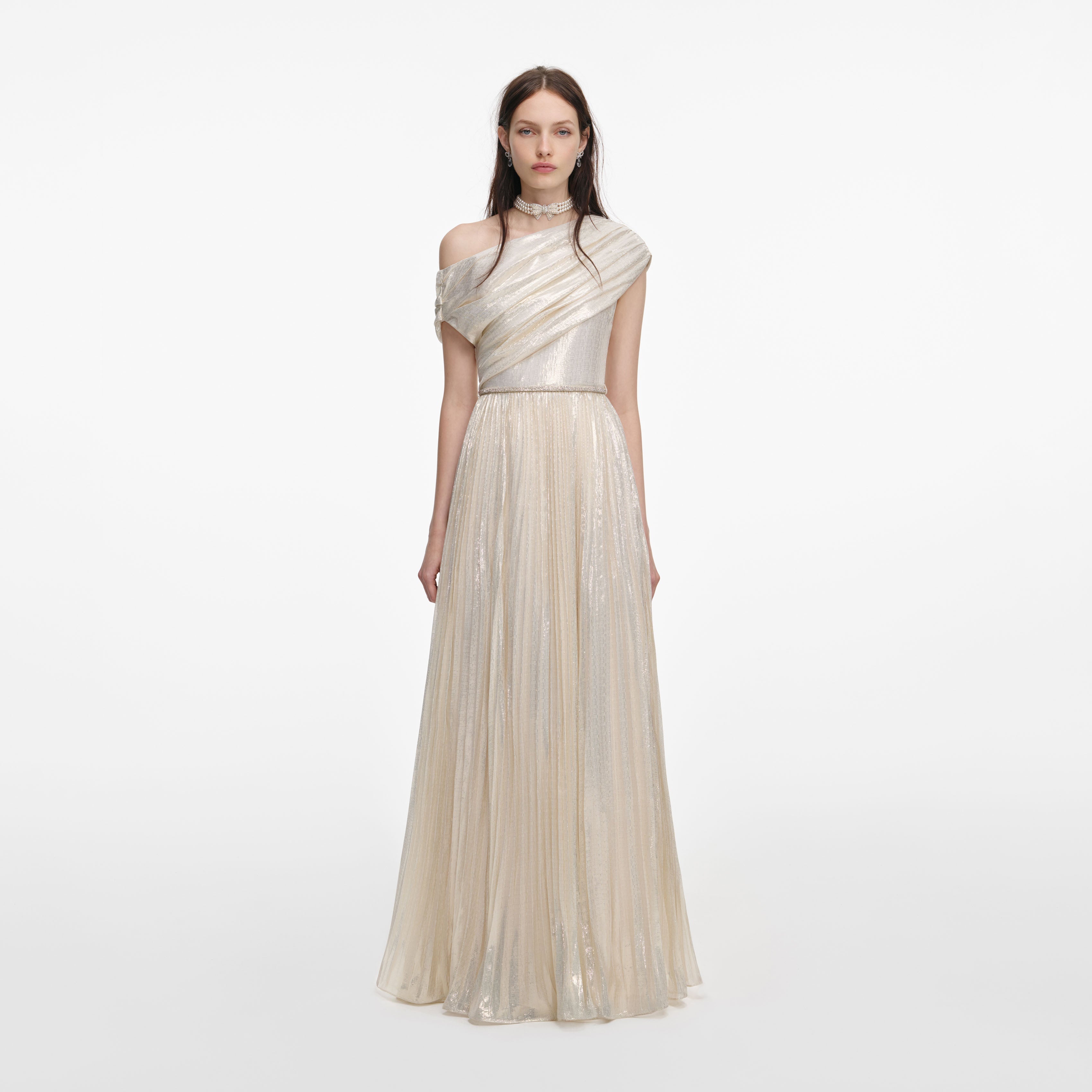 Champagne Metallic Chiffon Maxi Dress