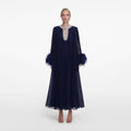 Navy Chiffon Feather Midi Dress