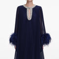 Navy Chiffon Feather Midi Dress