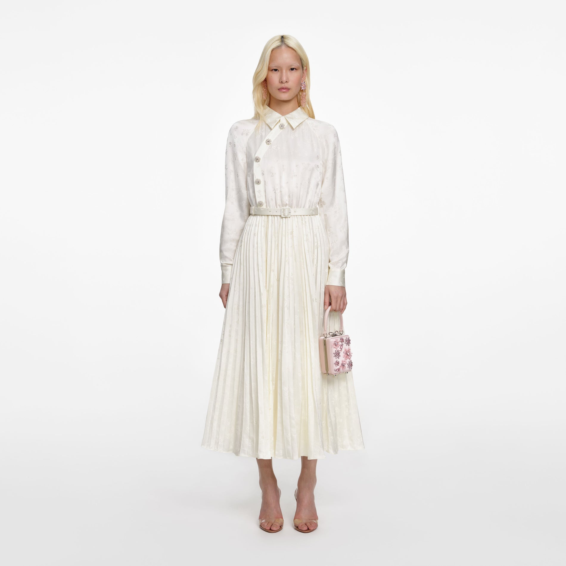 Front view of a woman wearing the Cream Satin Jacquard Midi Dress