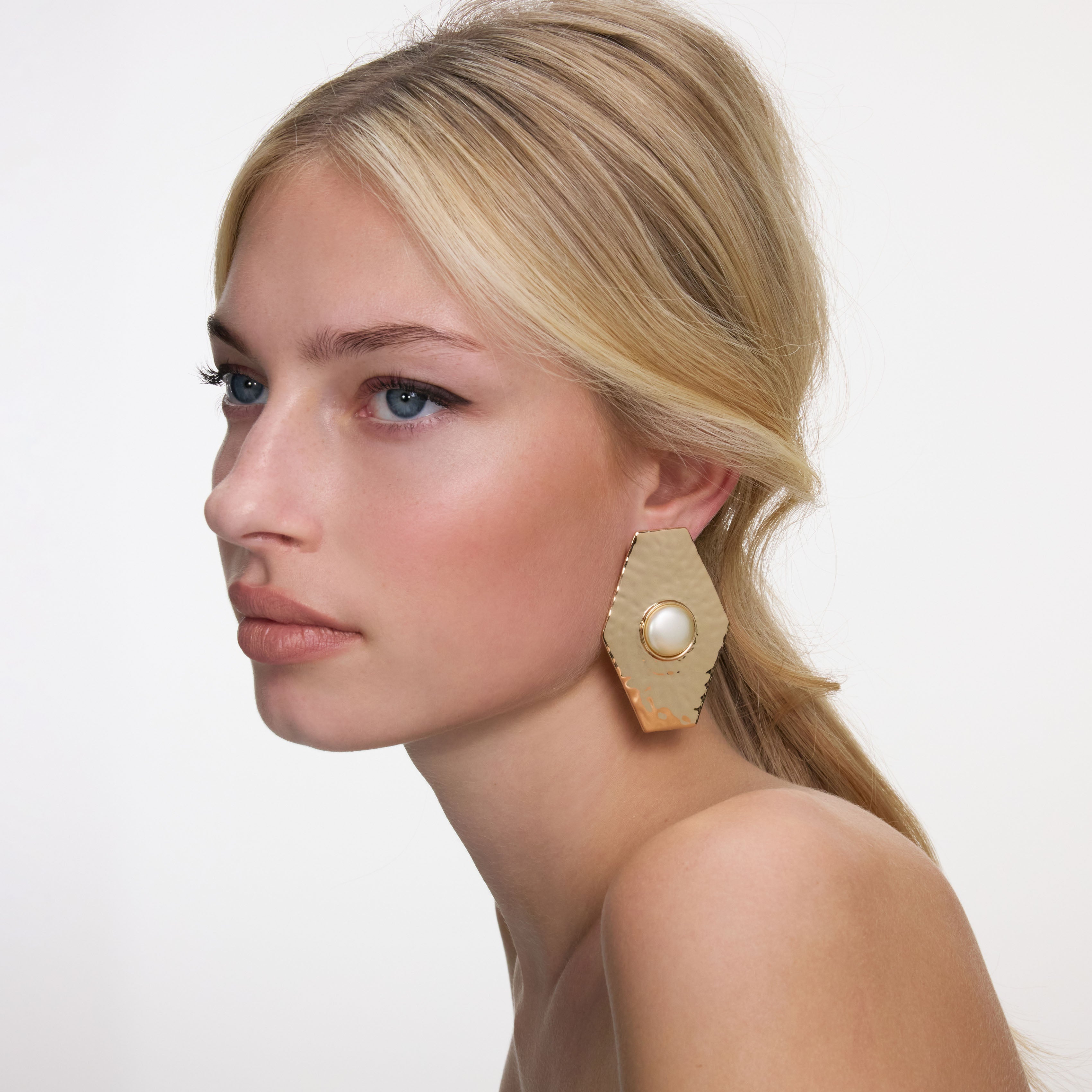 Large Hammered Gold Pearl Earrings
