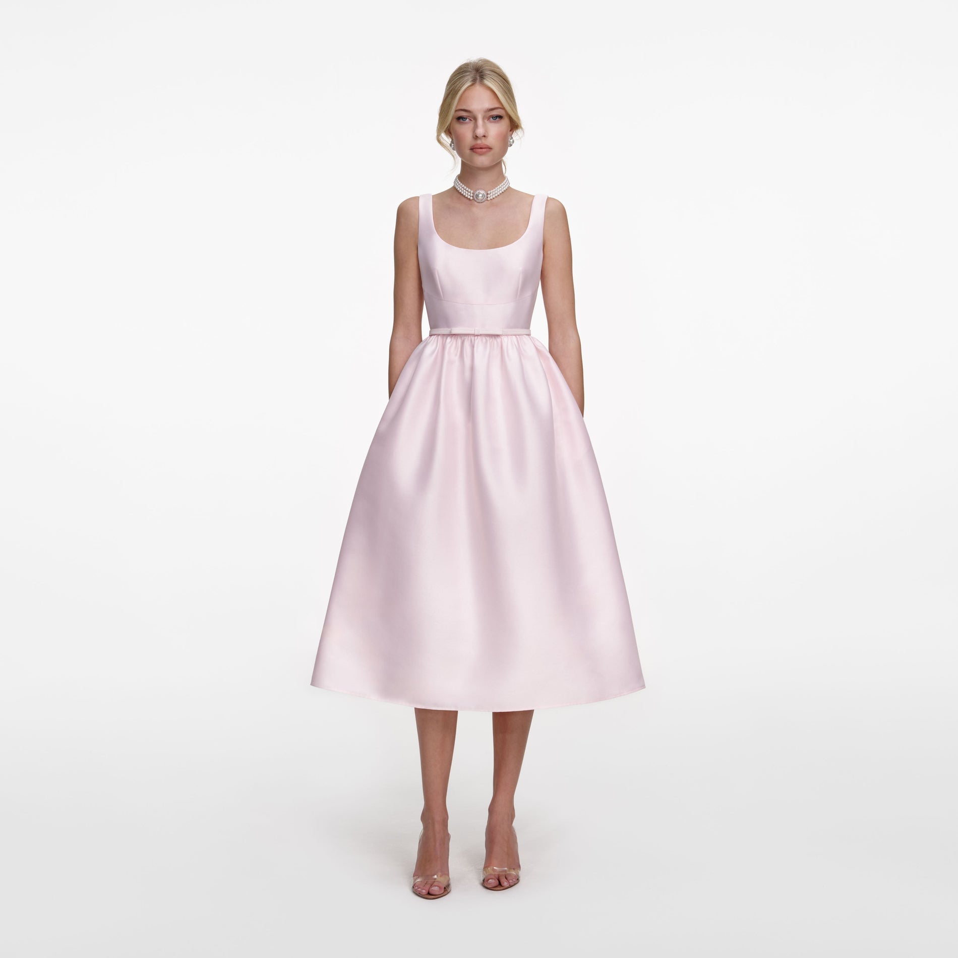 Front view of a woman wearing the Pink Taffeta Midi Dress