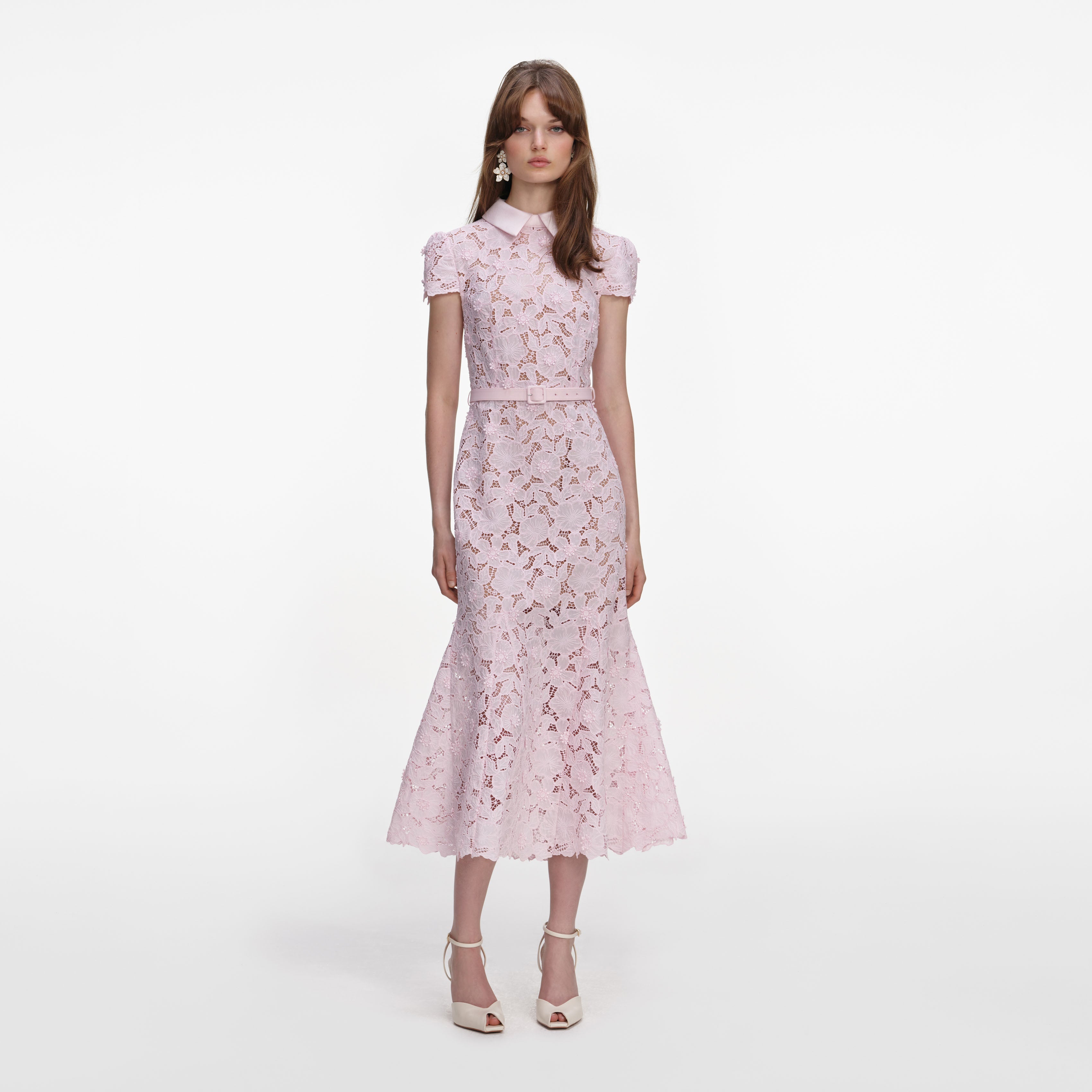 Pink Guipure Lace Midi Dress