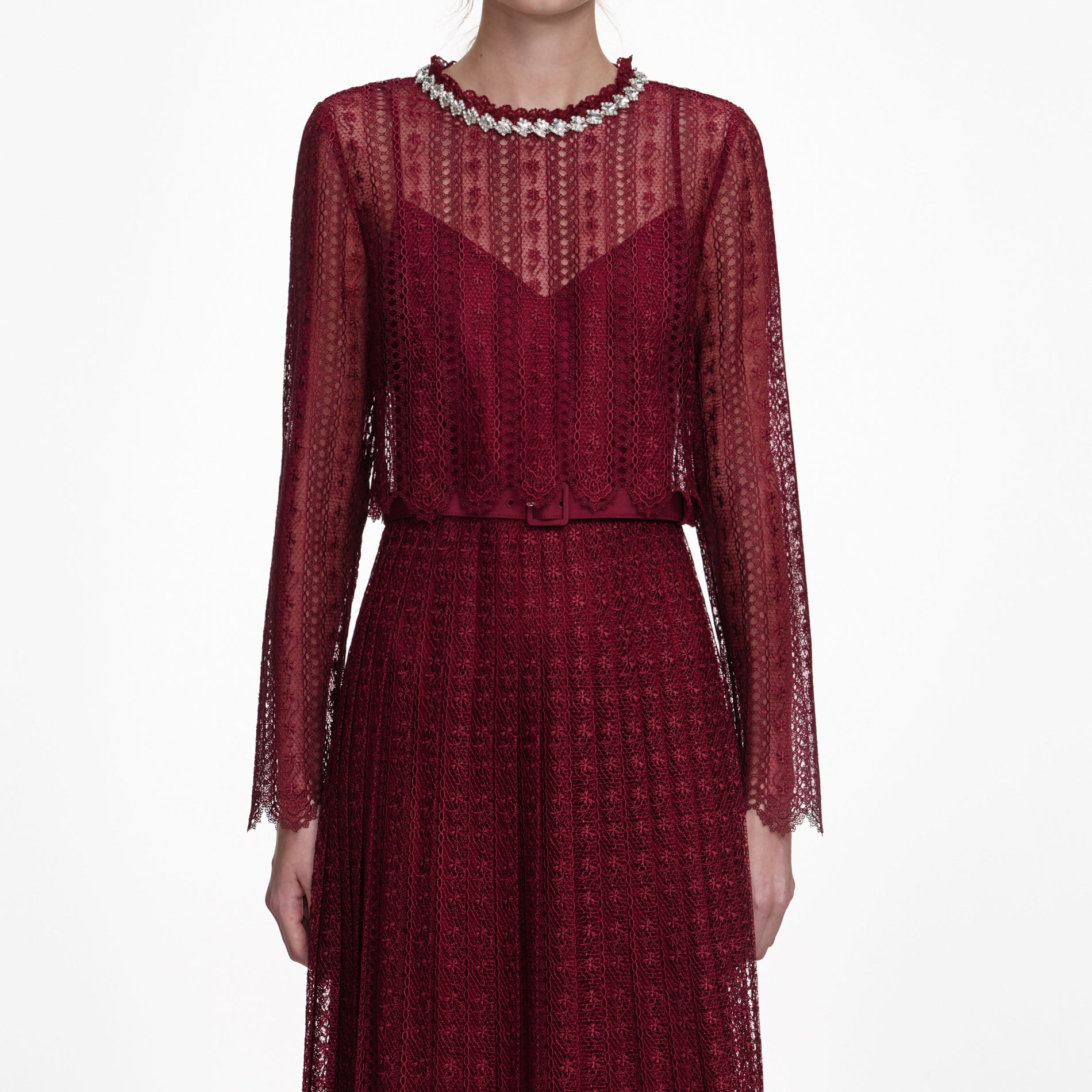A close up of a woman wearing the Burgundy Organza Lace Maxi Dress