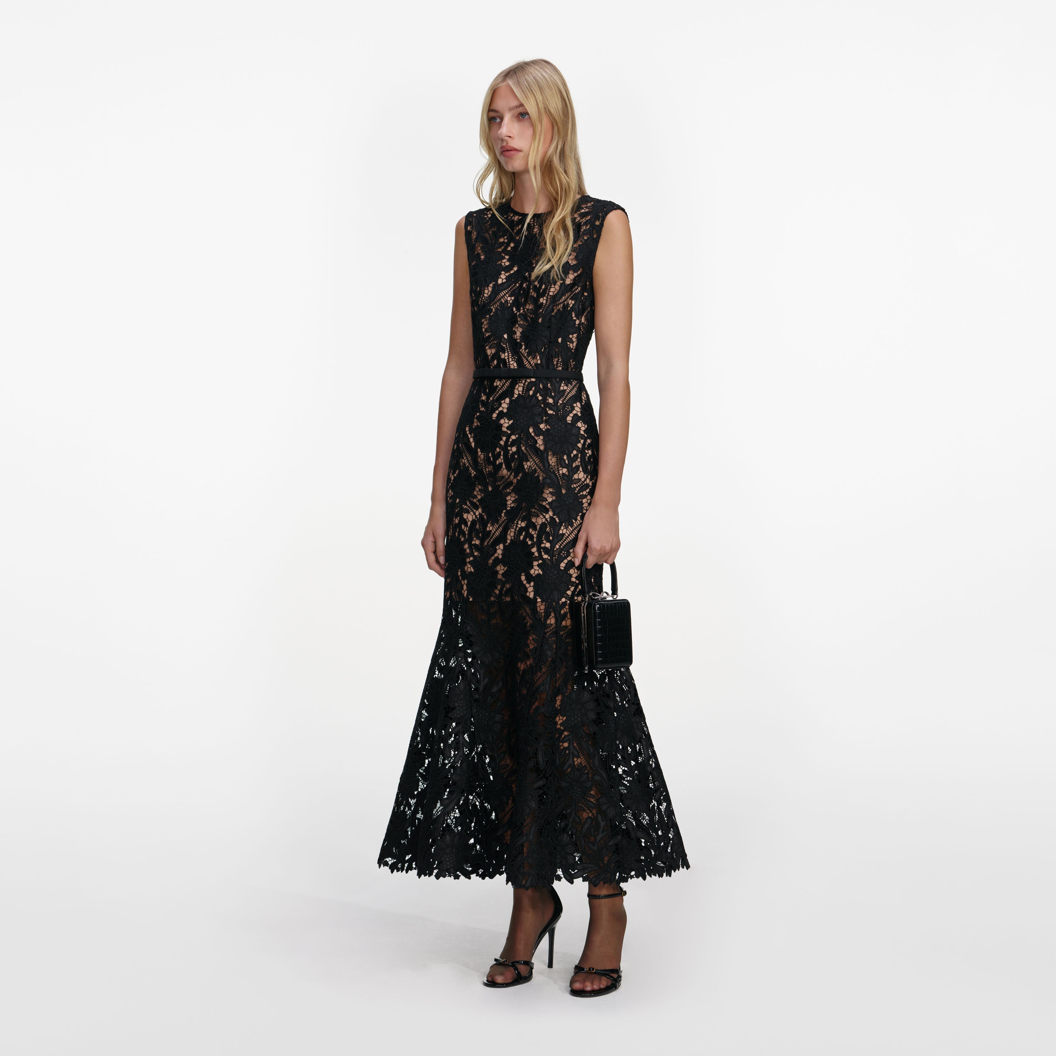 Black Guipure Lace Midi Dress