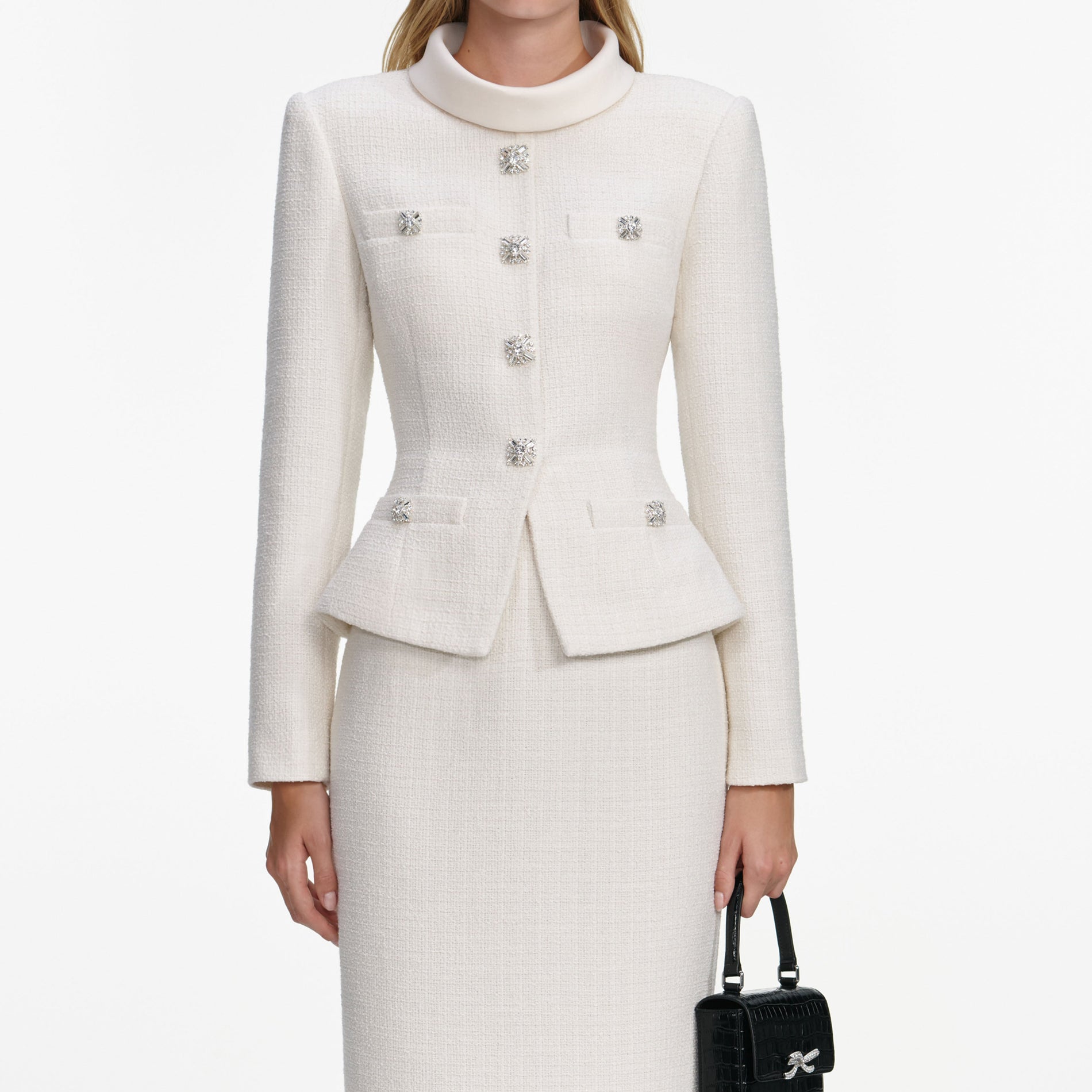 A close up of a woman wearing the Cream Boucle Tailored Midi Dress