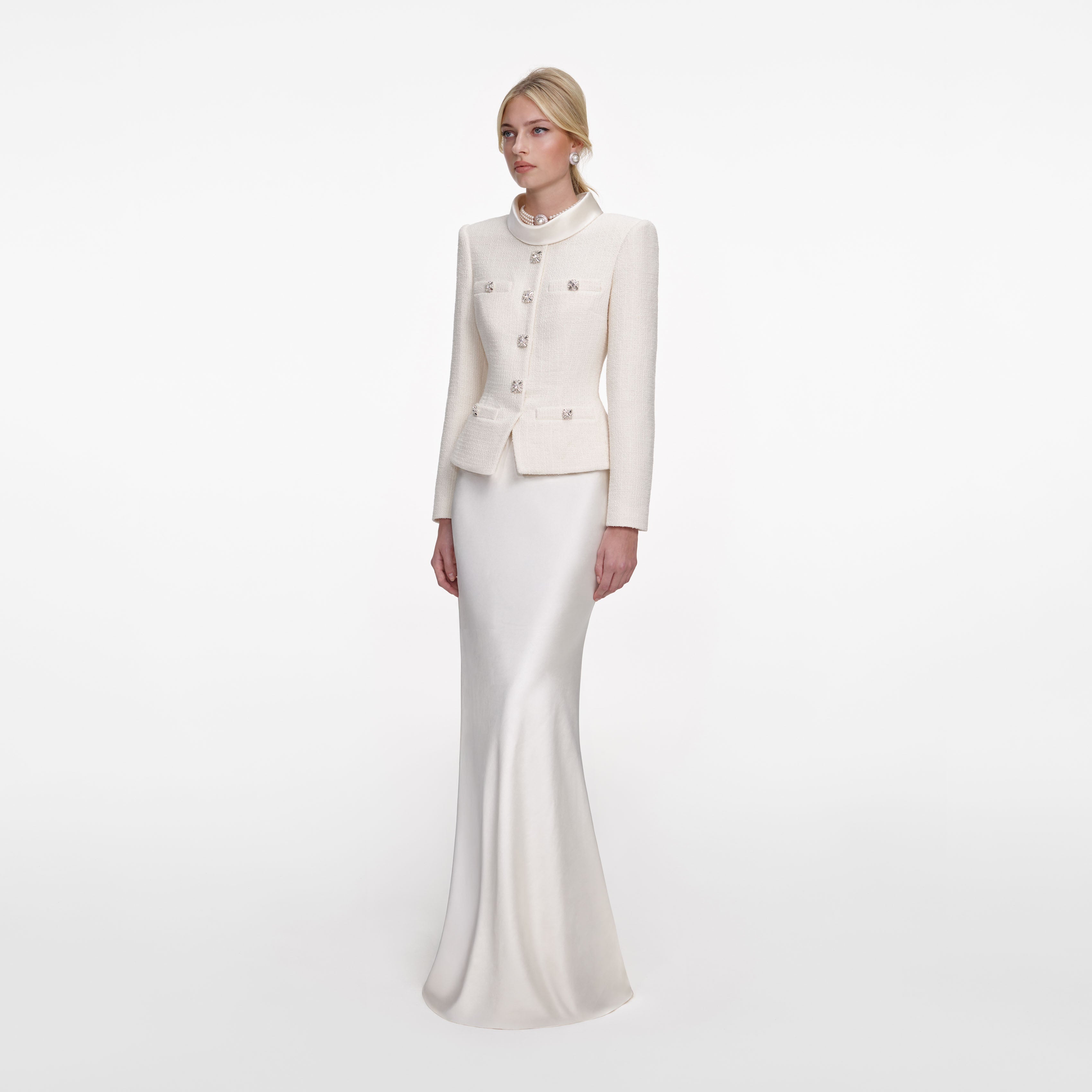 Cream Boucle Collared Maxi Dress