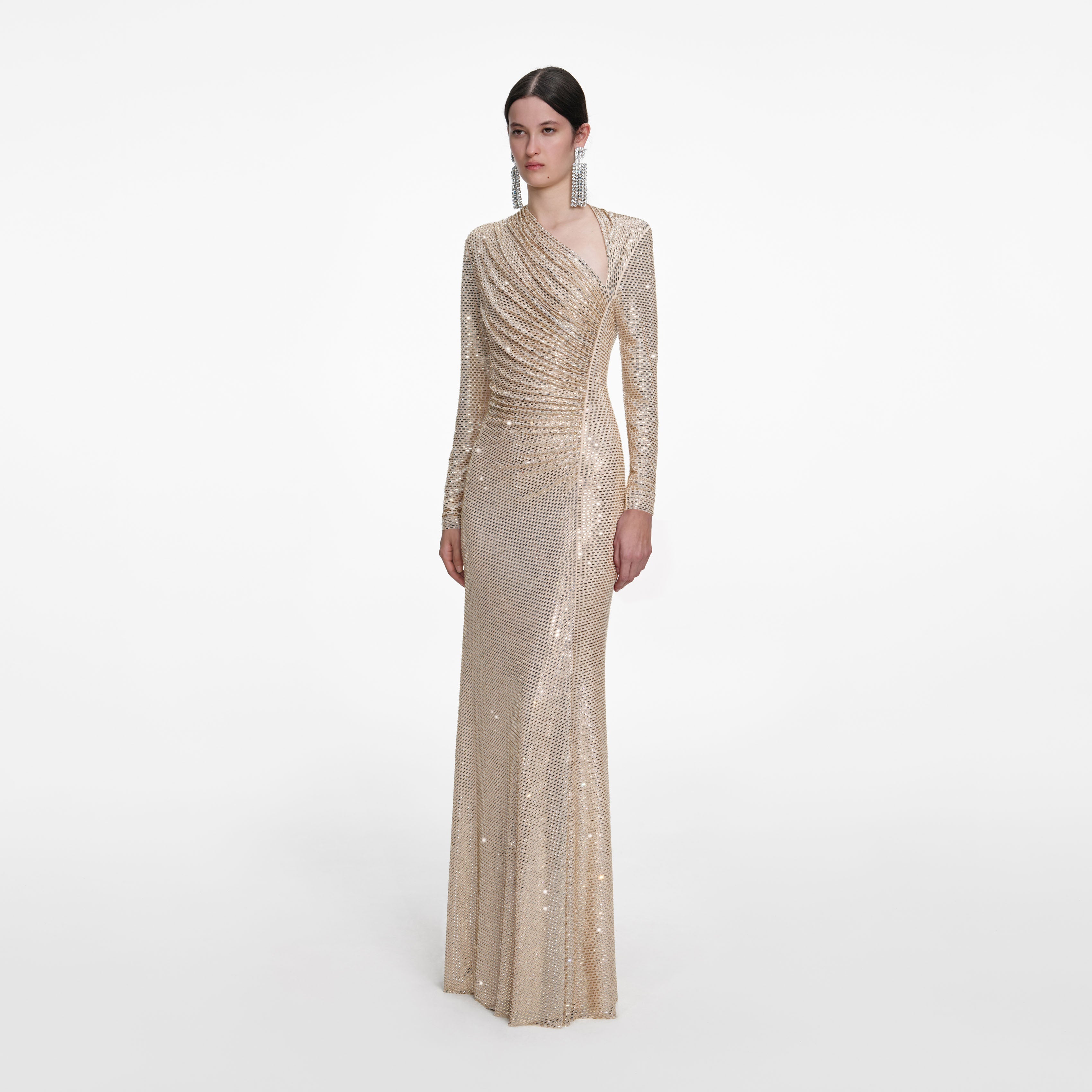 Champagne Rhinestone Drape Maxi Dress