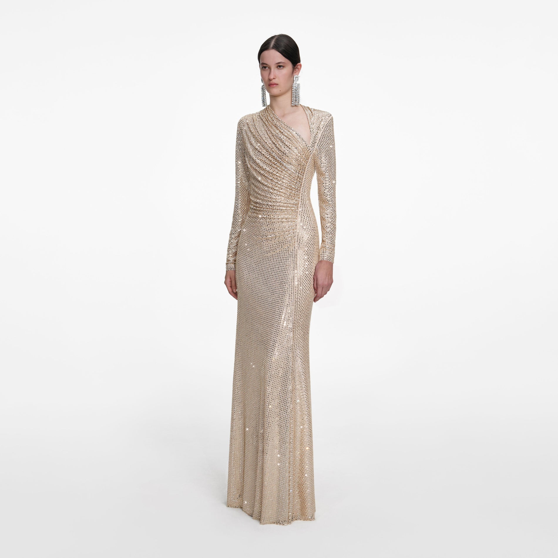 Champagne Rhinestone Drape Maxi Dress