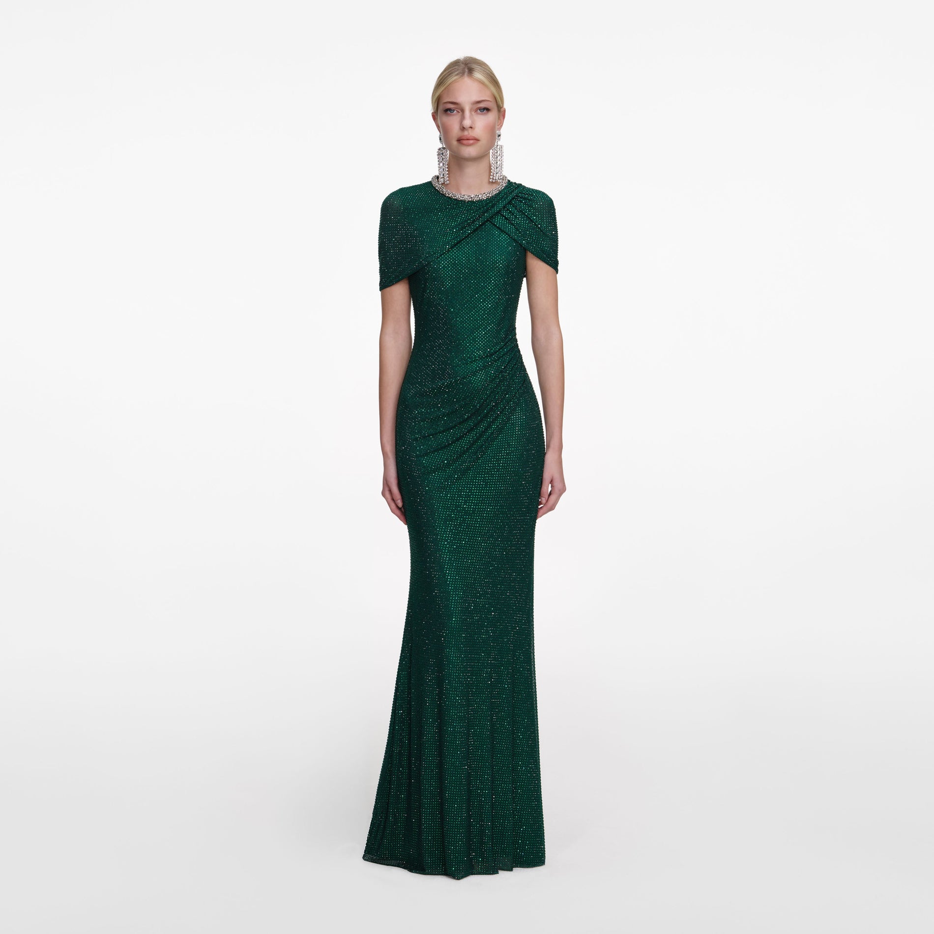 Front view of a woman wearing the Green Rhinestone Maxi Dress