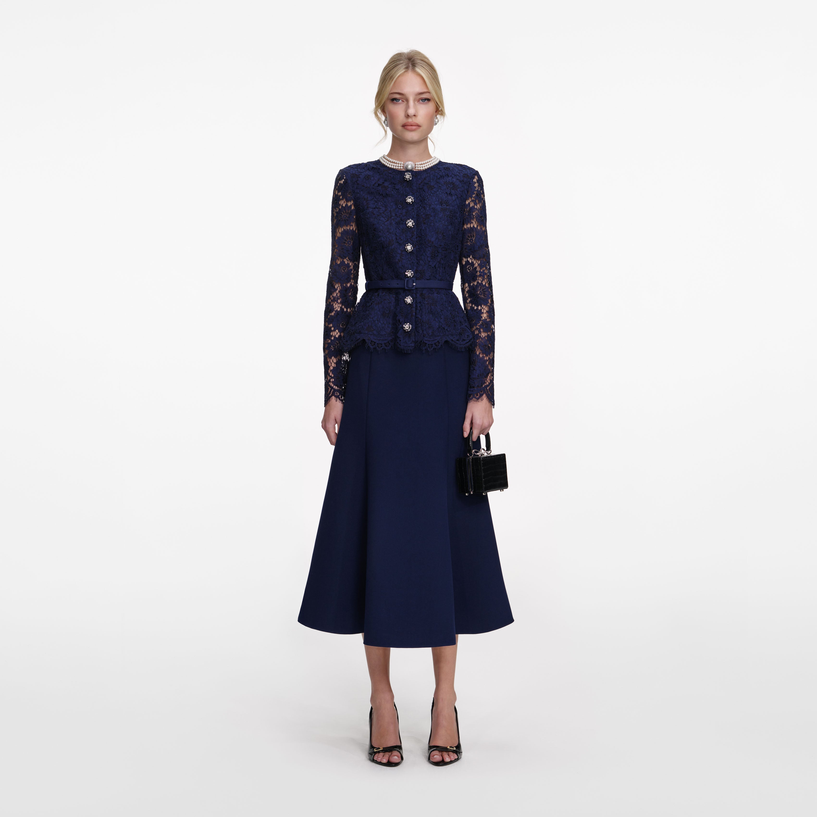 Navy Tailored Lace Midi Dress