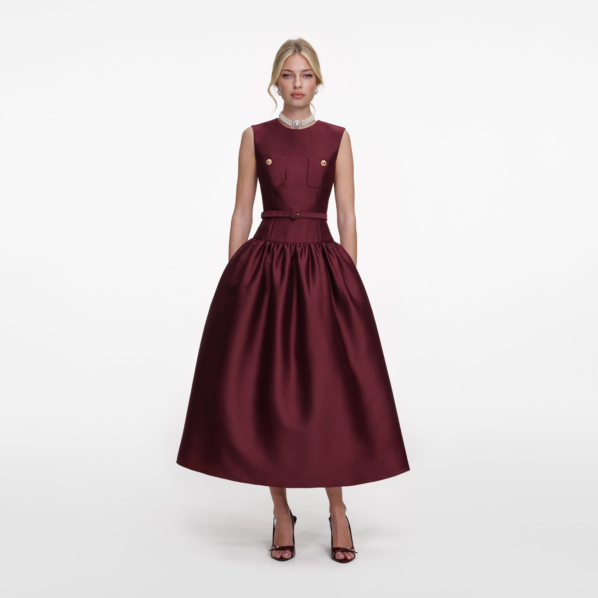 Front view of a woman wearing the Burgundy Taffeta Midi Dress