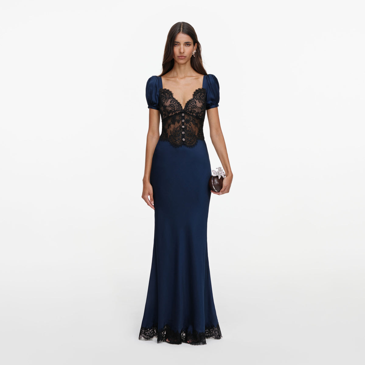 Front view of a woman wearing the Navy Viscose Lace Maxi Dress