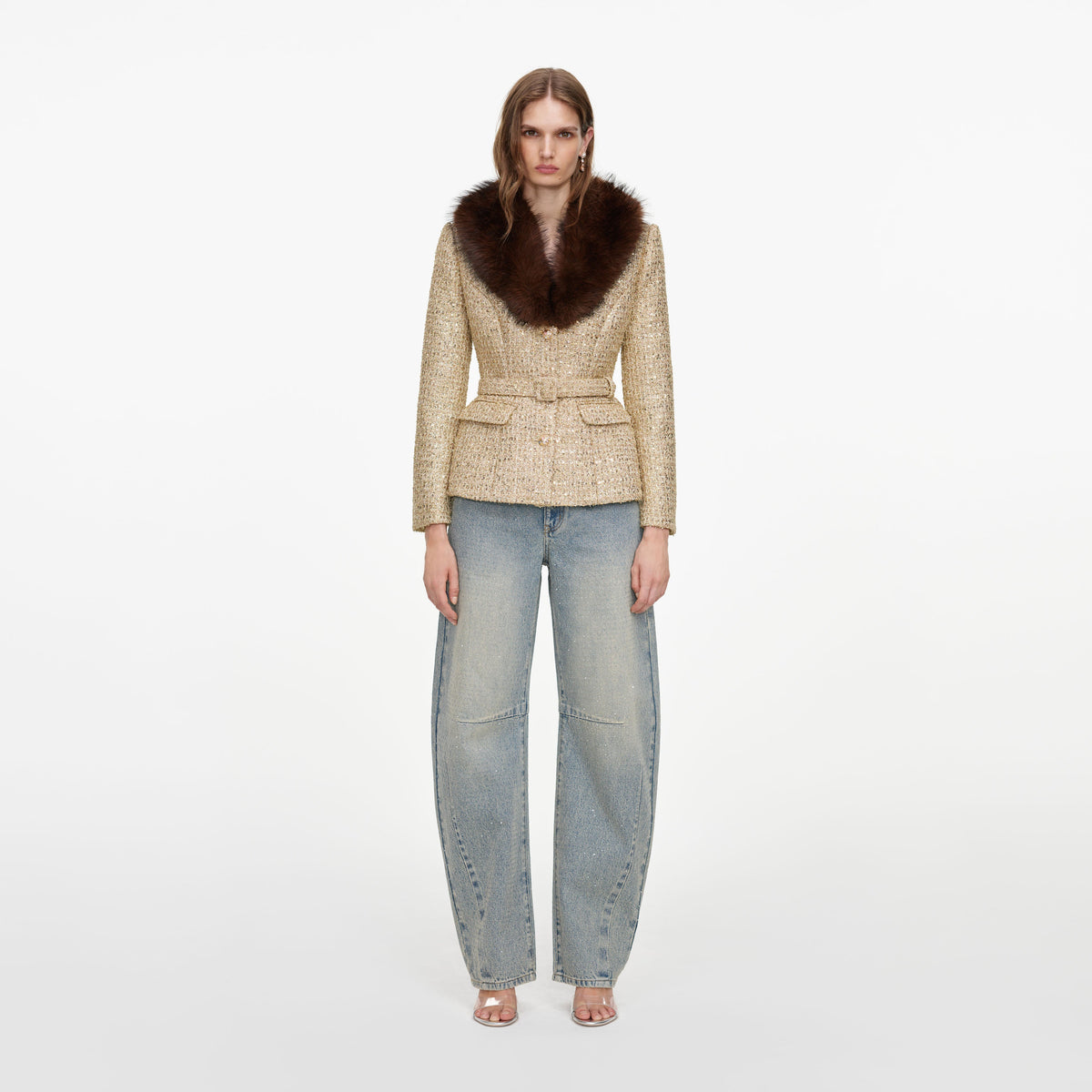 Gold Sequin Boucle Fur Collar Jacket