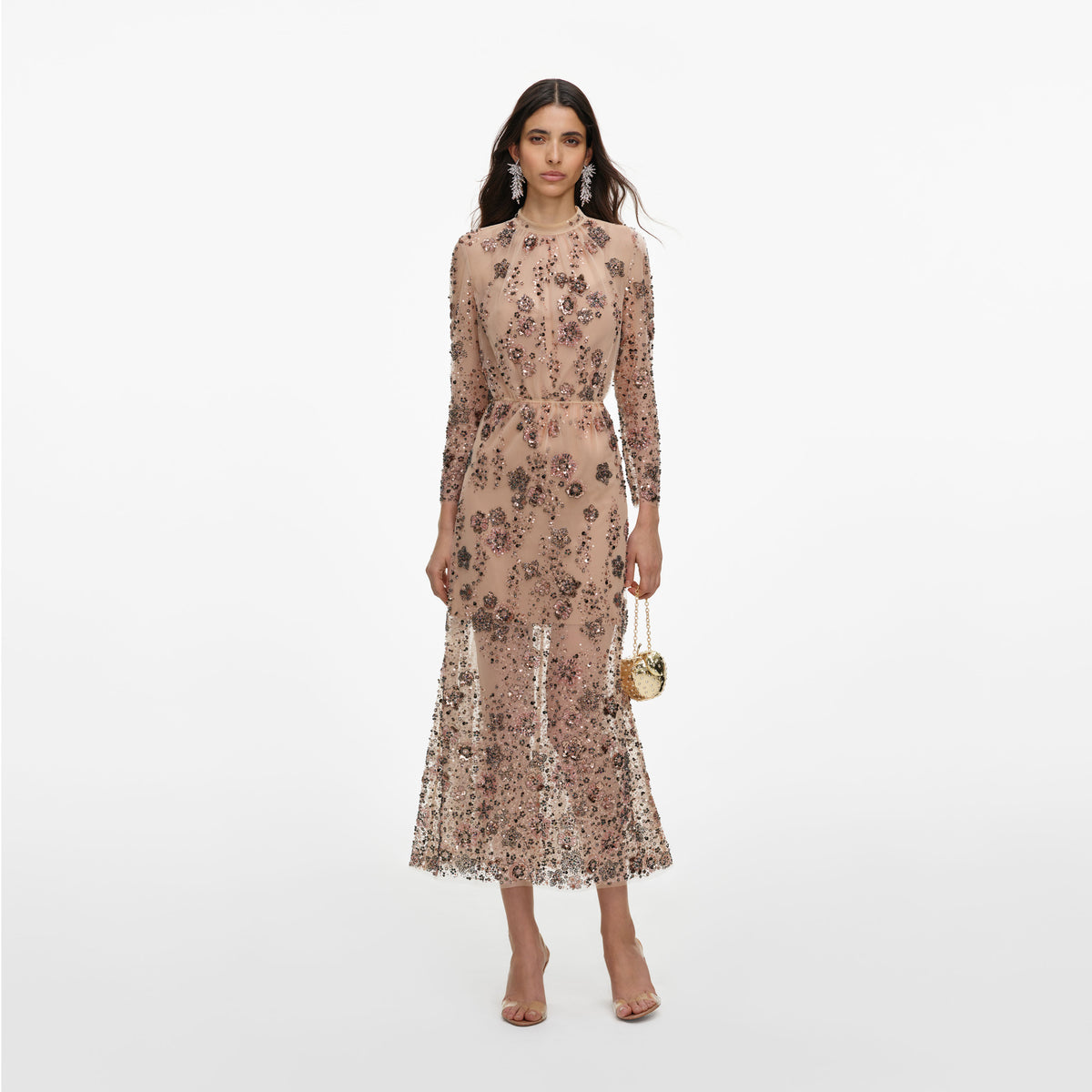Beige Sequin Embellished Midi Dress