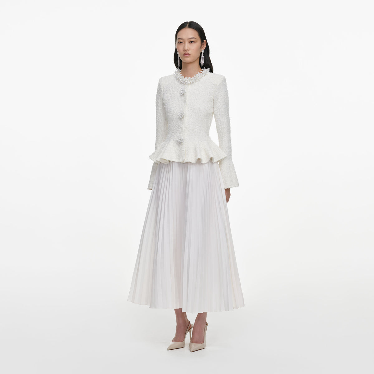 White Textured Knit Chiffon Midi Dress
