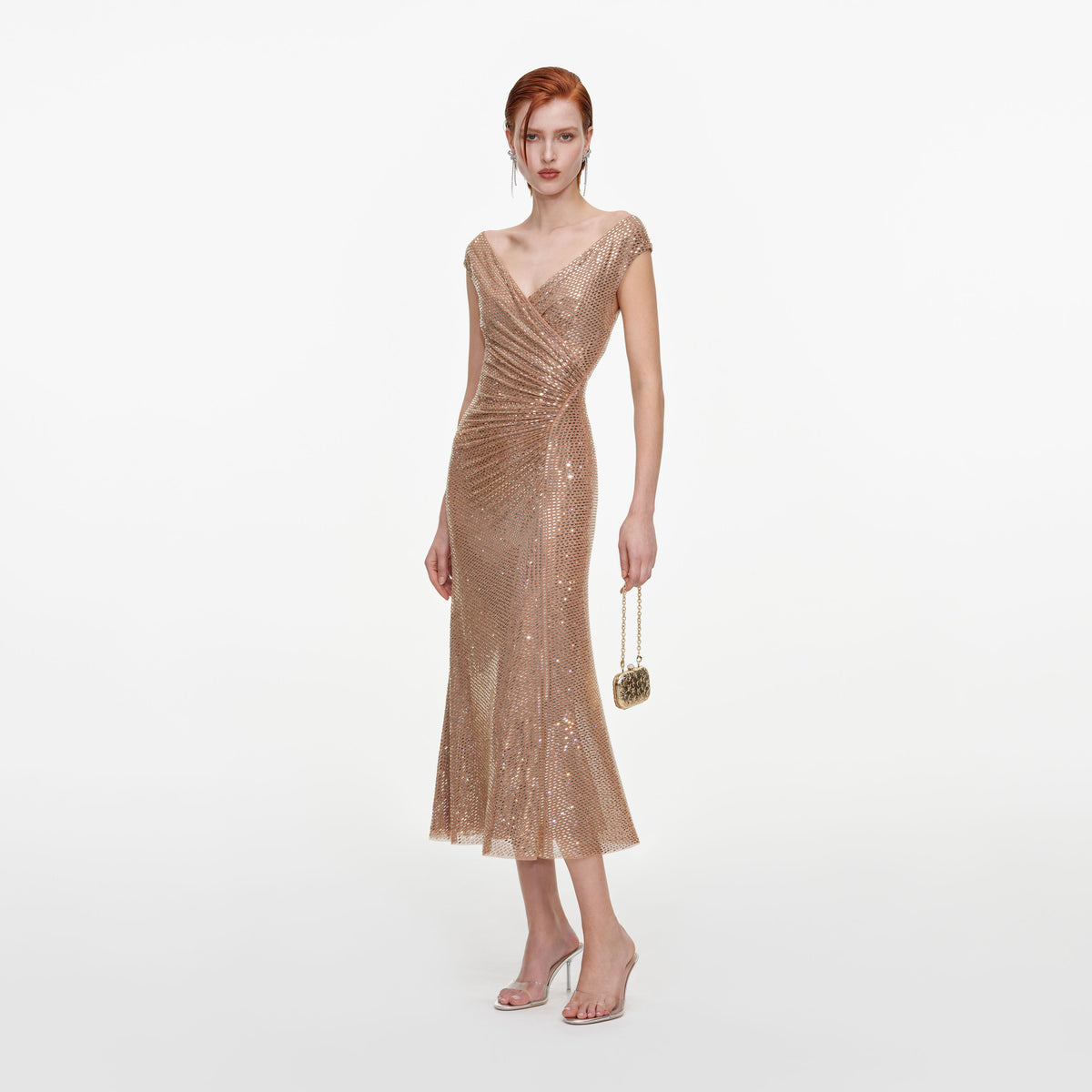 Gold Rhinestone Off Shoulder Midi Dress