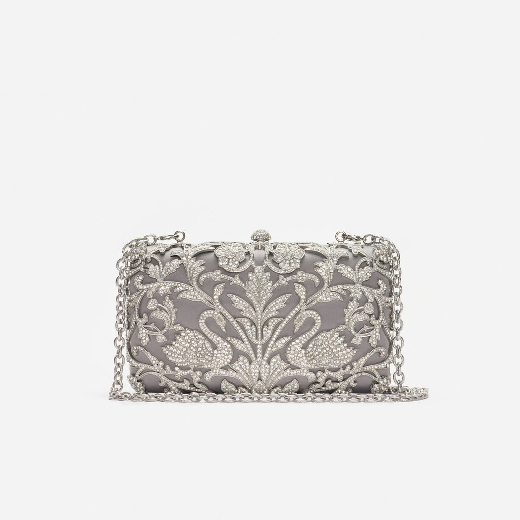 Silver Crystal Swan Clutch Bag