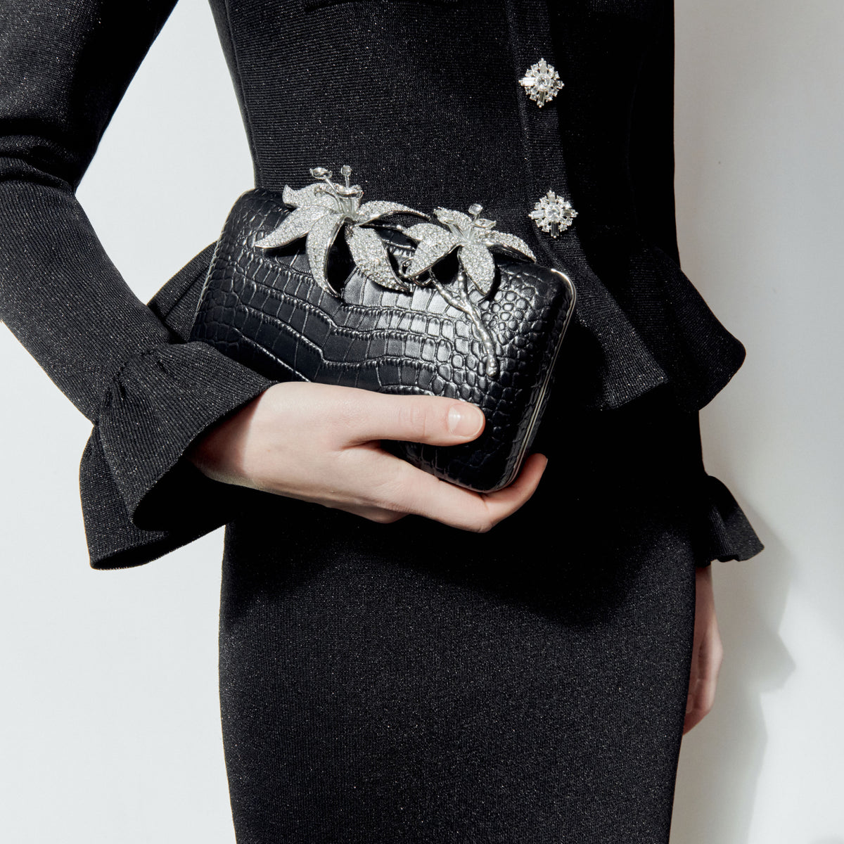 Black Croc Leather Crystal Flower Clutch Bag