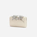 Cream Leather Crystal Flower Clutch Bag