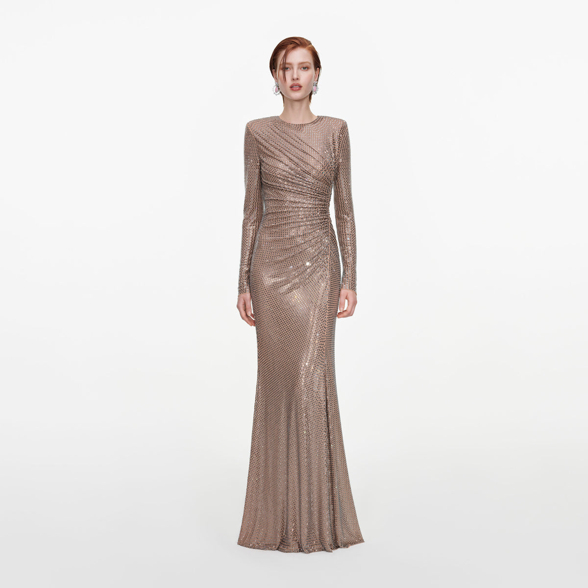 Tan Rhinestone Gathered Maxi Dress