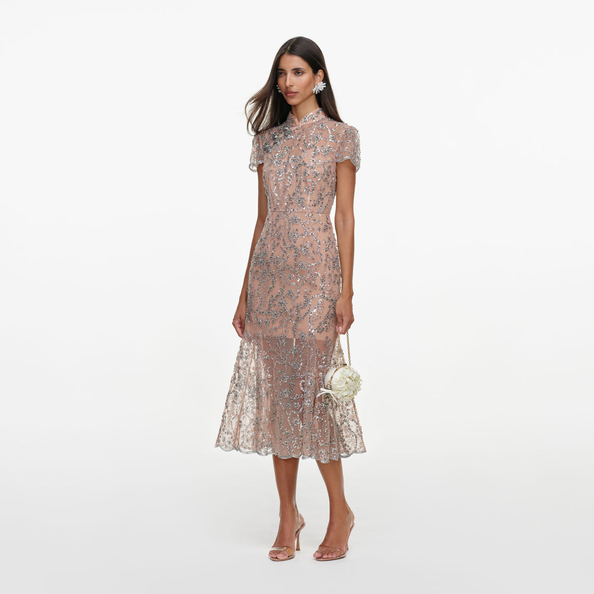 Side view of a woman wearing the Silver Sequin Embellished Midi Dress