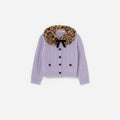Purple Cable Knit Printed Fur Collar Cardigan