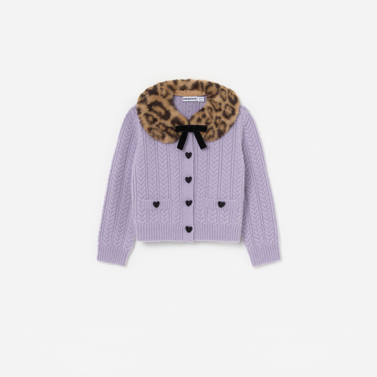 Purple Cable Knit Printed Fur Collar Cardigan