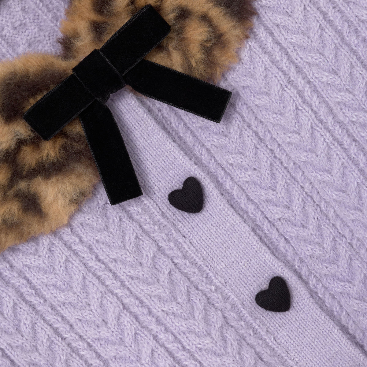 Detail Shot of the Purple Cable Knit Printed Fur Collar Cardigan