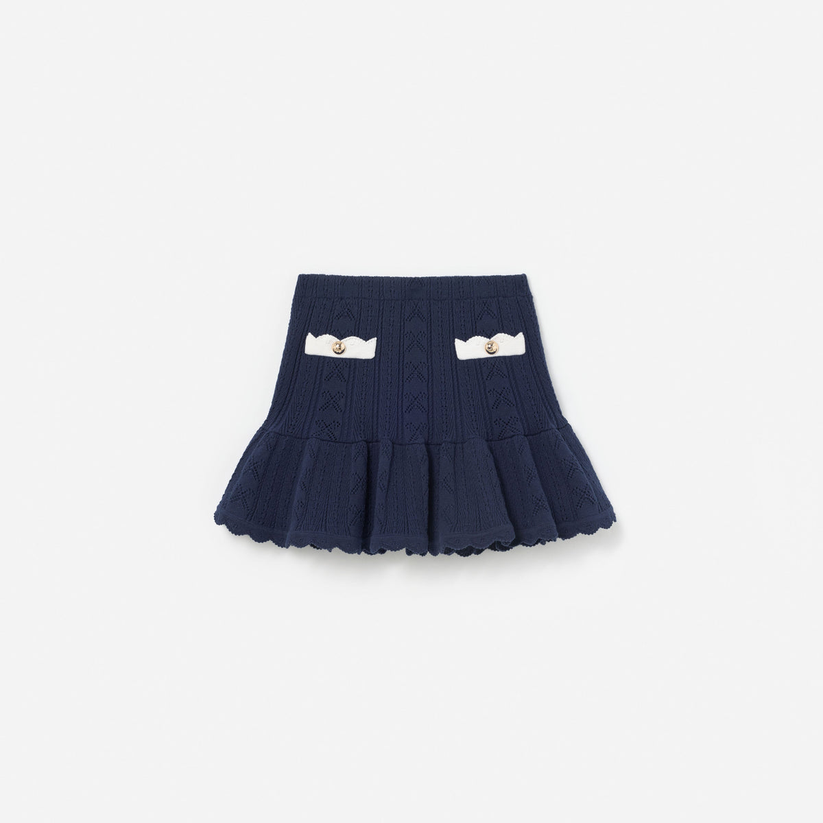 Front view of a girl wearing the Navy Pointelle Knit Skirt