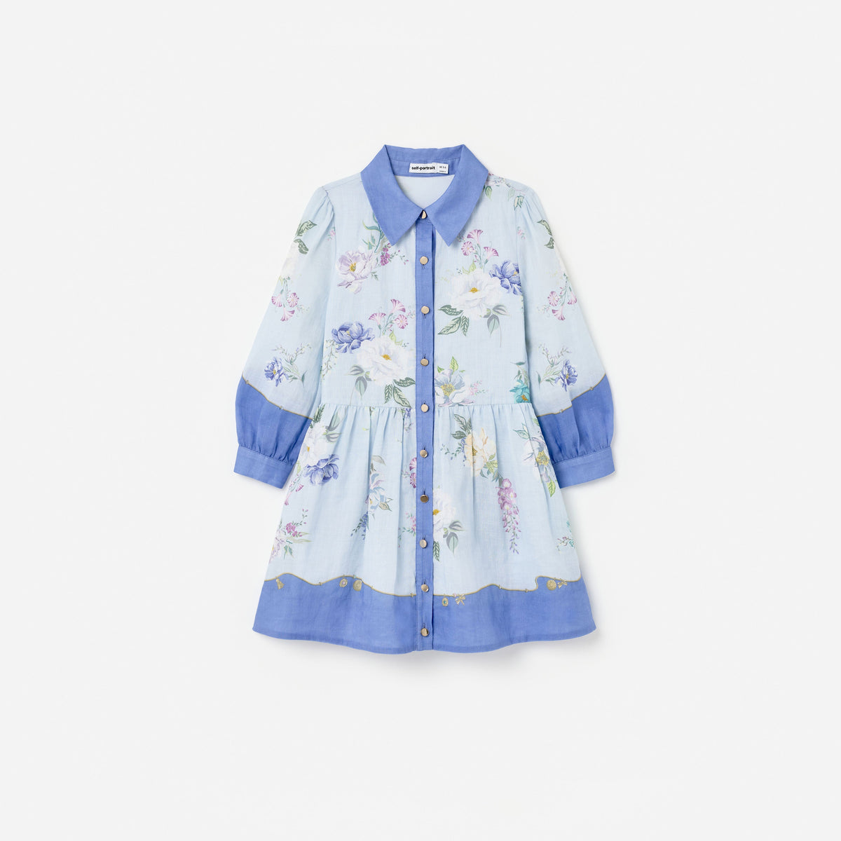Front view of a girl wearing the Blue Floral Printed Ramie Dress